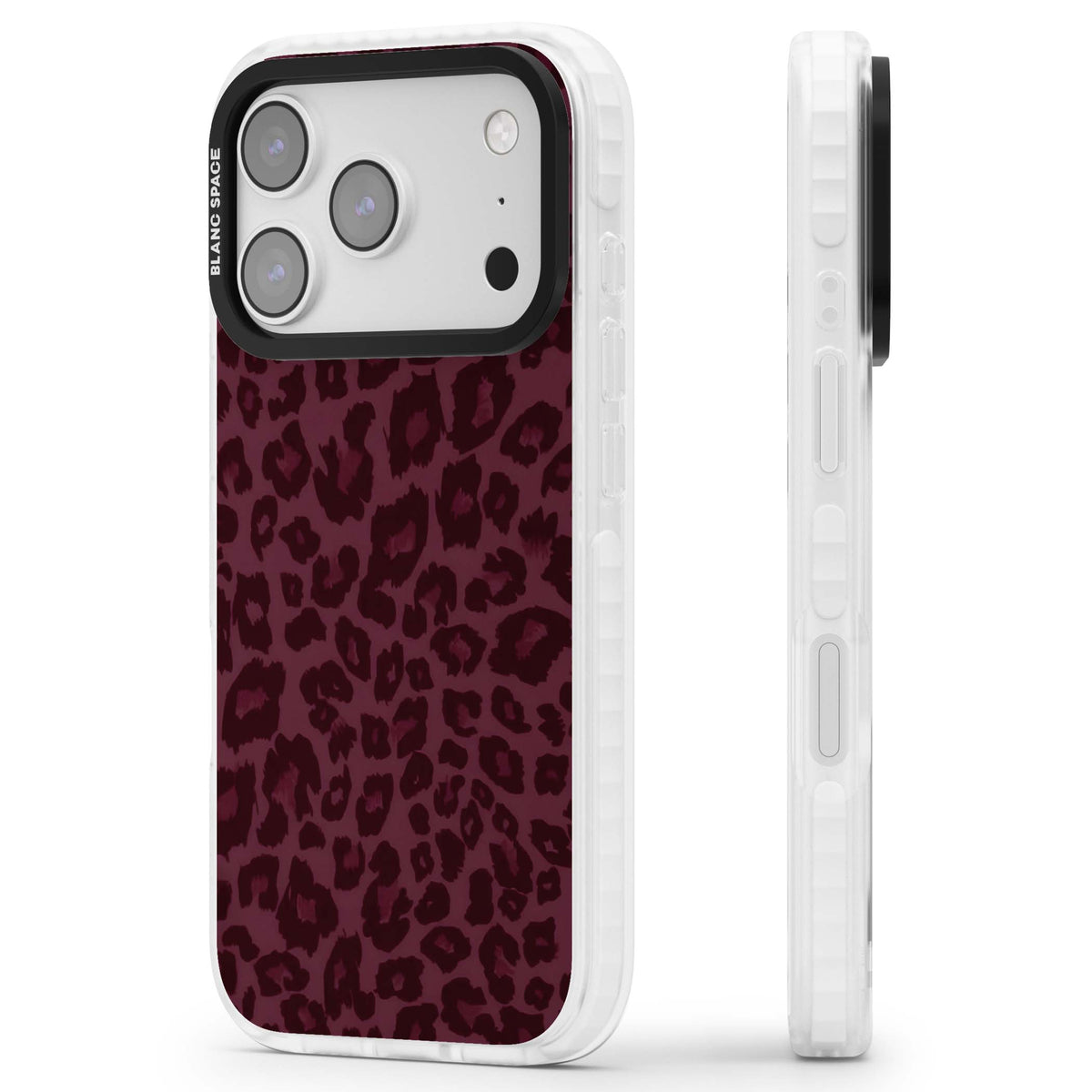 Burgundy Leopard burgundy leopard print iPhone case featuring deep wine background and dark painterly animal print spots | Black Impact case for iPhone 17 Pro, iPhone 17 Pro Max
