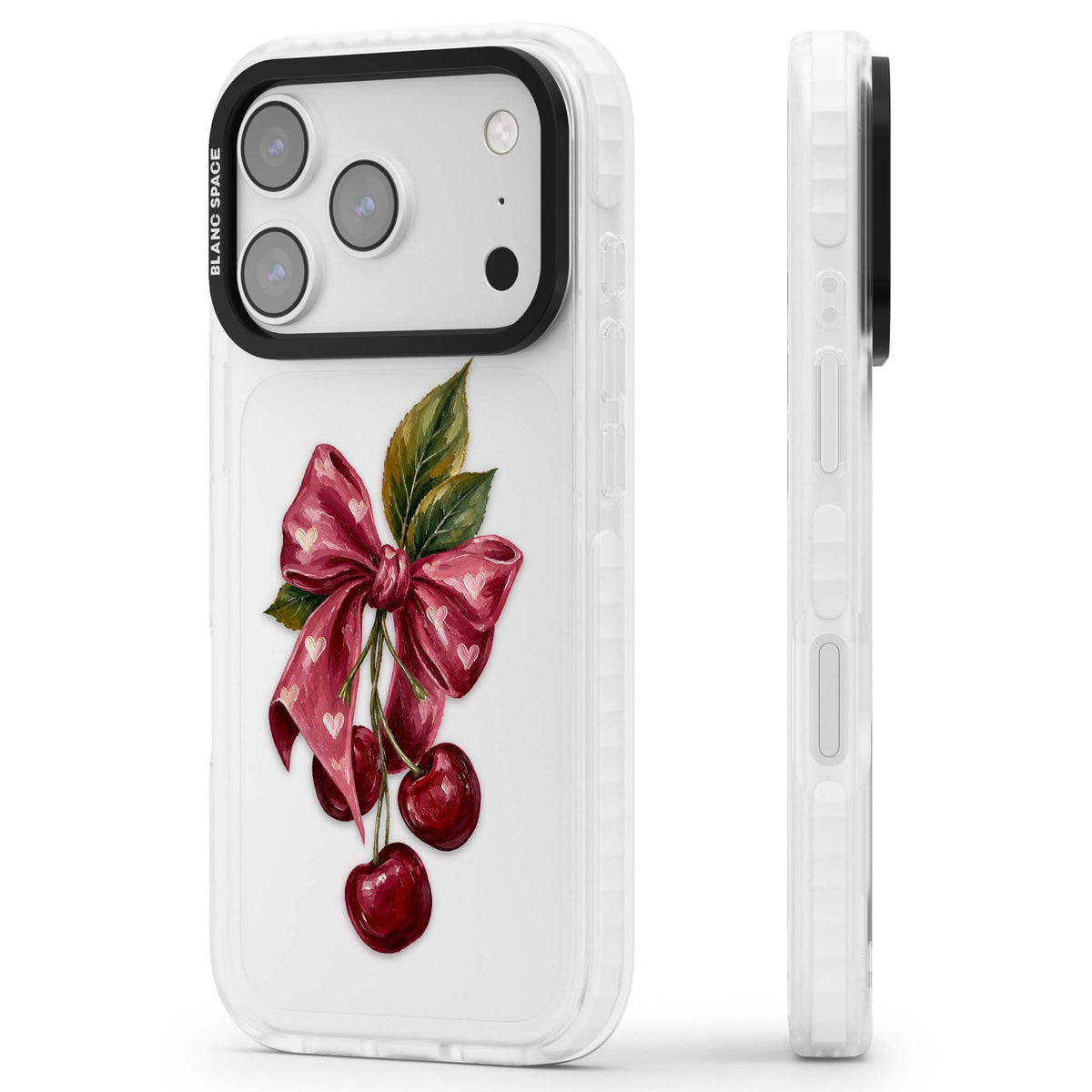 Cherry Sonnet coquette iPhone case featuring painted red cherries, a pink heart-dotted bow and vintage leaves | Black Impact case for iPhone 17 Pro, iPhone 17 Pro Max
