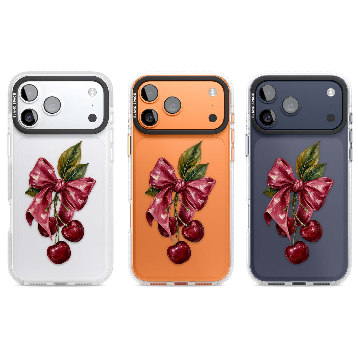 Cherry Sonnet coquette iPhone case featuring painted red cherries, a pink heart-dotted bow and vintage leaves | Black Impact case for iPhone 17 Pro, iPhone 17 Pro Max