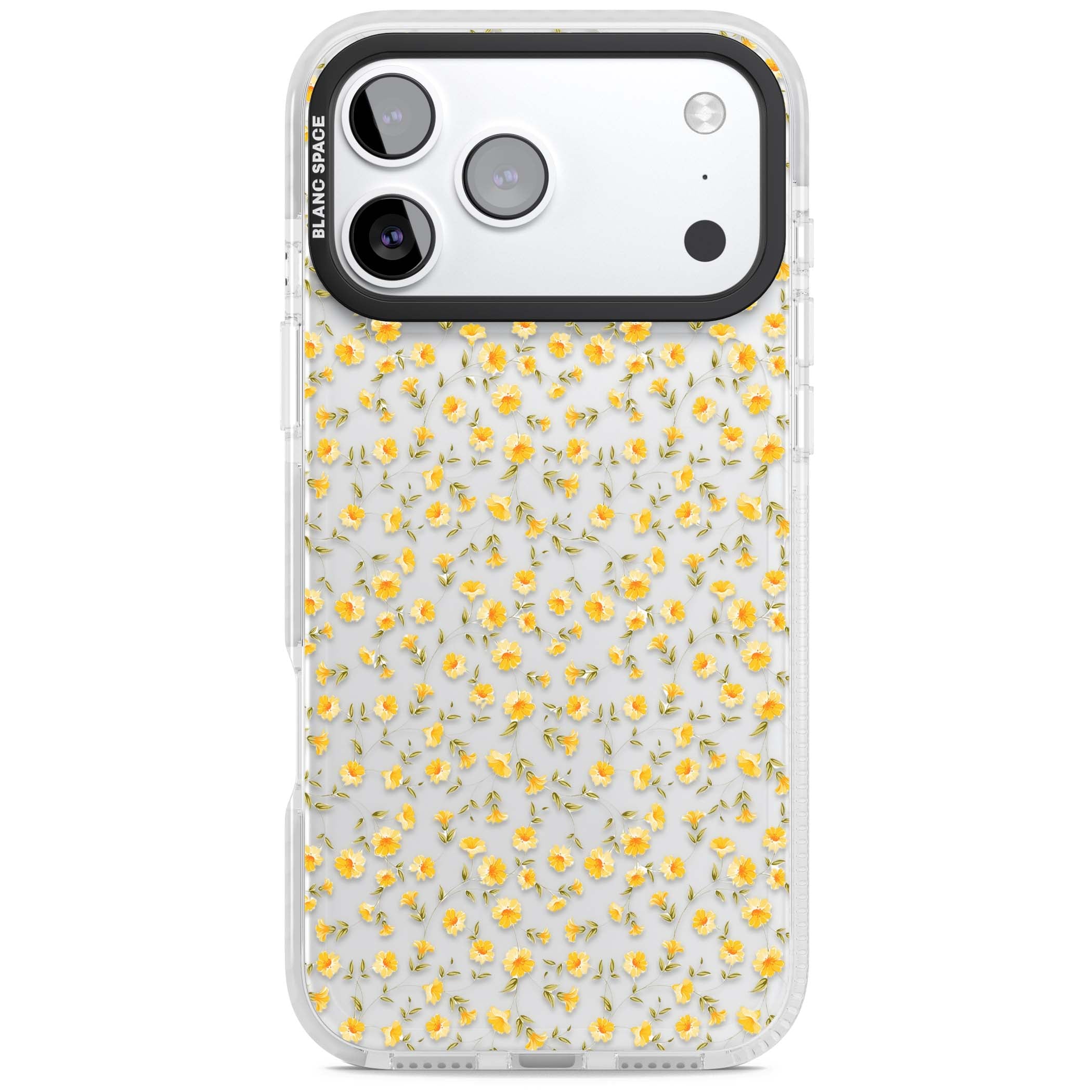 Buttercup wildflower iPhone case featuring tiny yellow flowers and trailing green vines on clear | Black Impact case for iPhone 17 Pro, iPhone 17 Pro Max