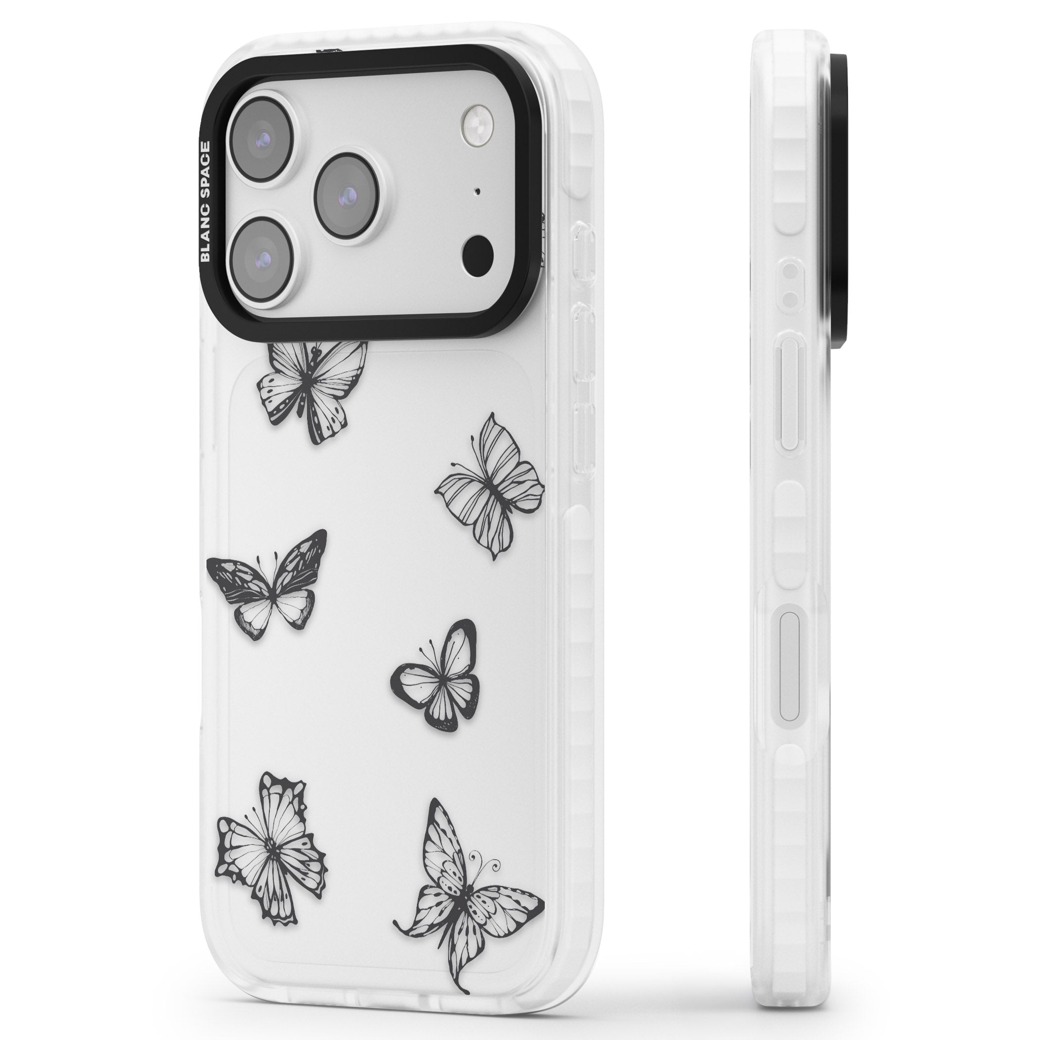 Grey Butterfly Line Pattern iPhone 17 Pro Impact Clear Phone Case Side Profile