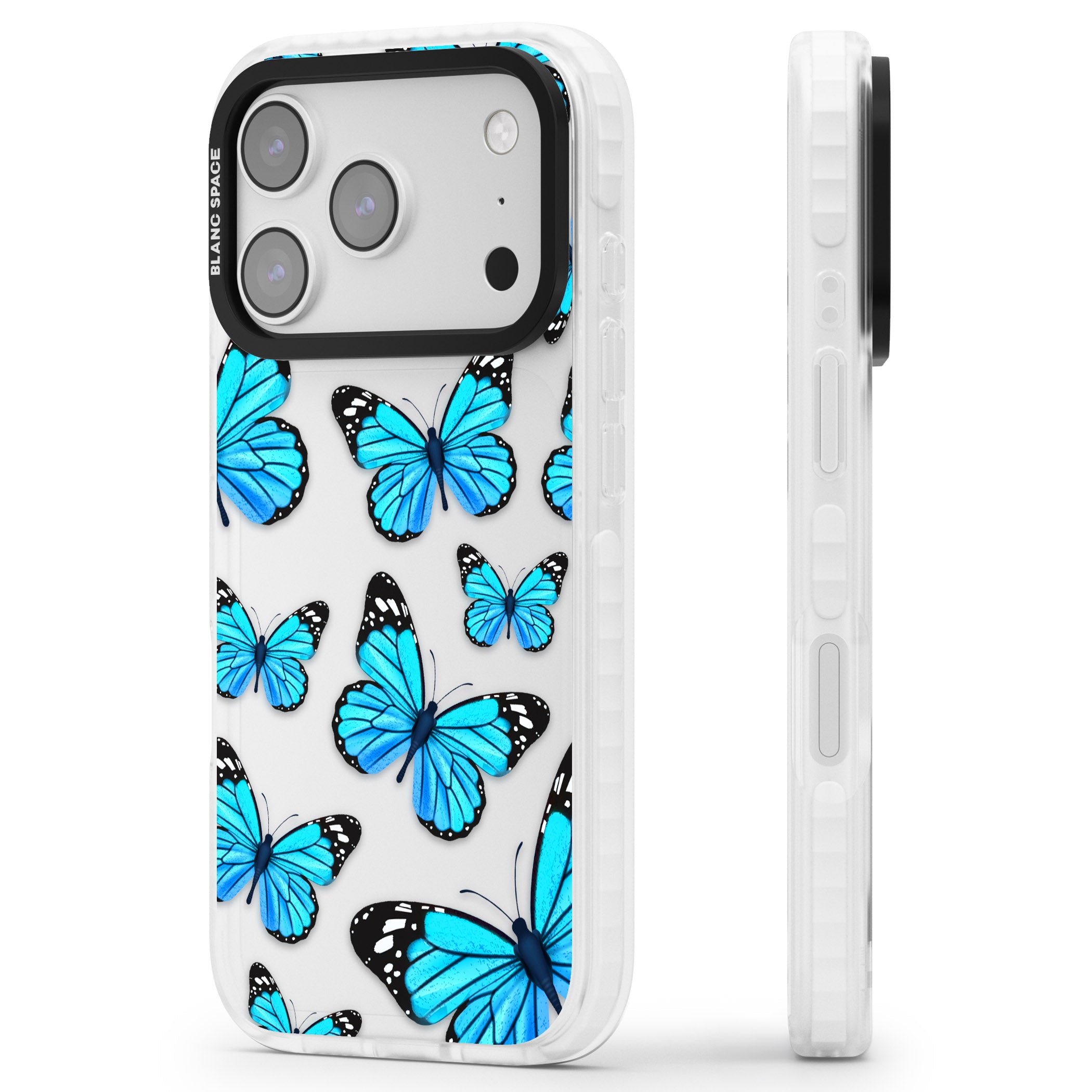 Blue Butterflies iPhone 17 Pro Impact Clear Phone Case Side Profile