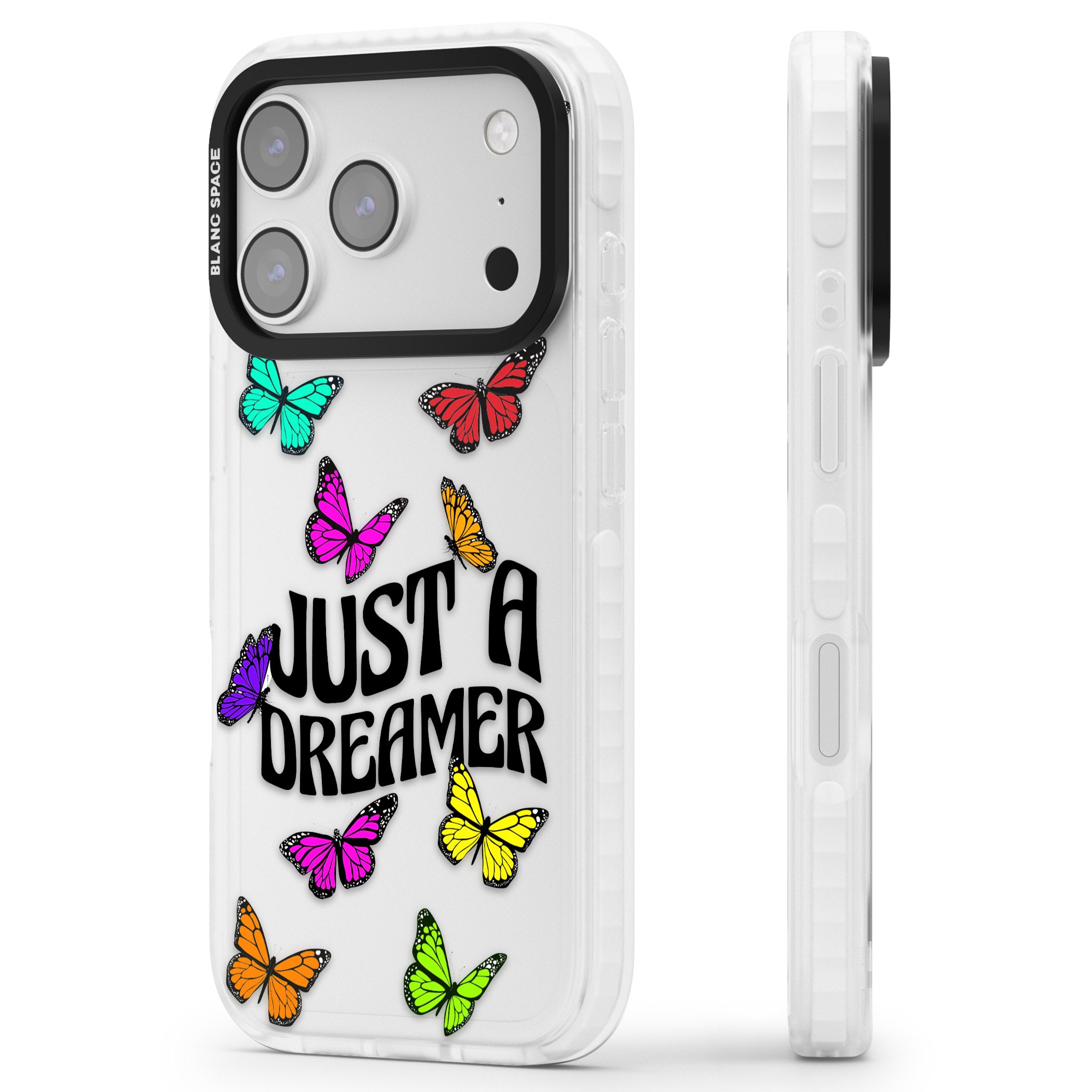 Just A Dreamer Butterfly iPhone 17 Pro Impact Clear Phone Case Side Profile