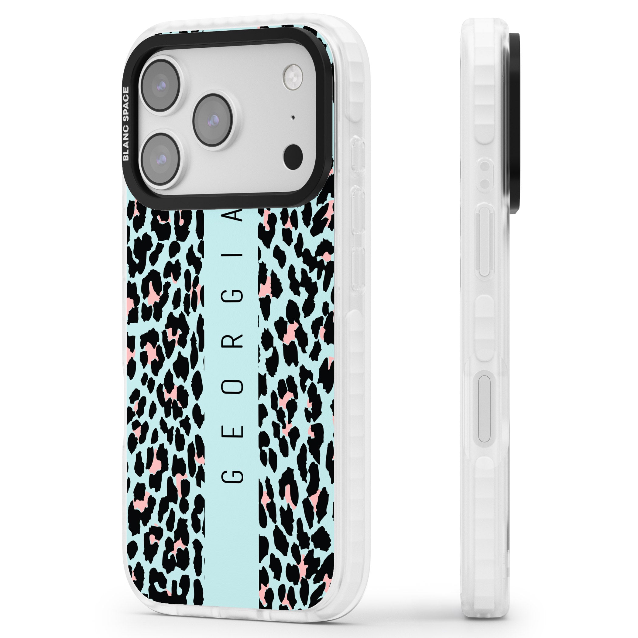 Personalised Blue Leopard iPhone 17 Pro Impact Clear Phone Case Side Profile