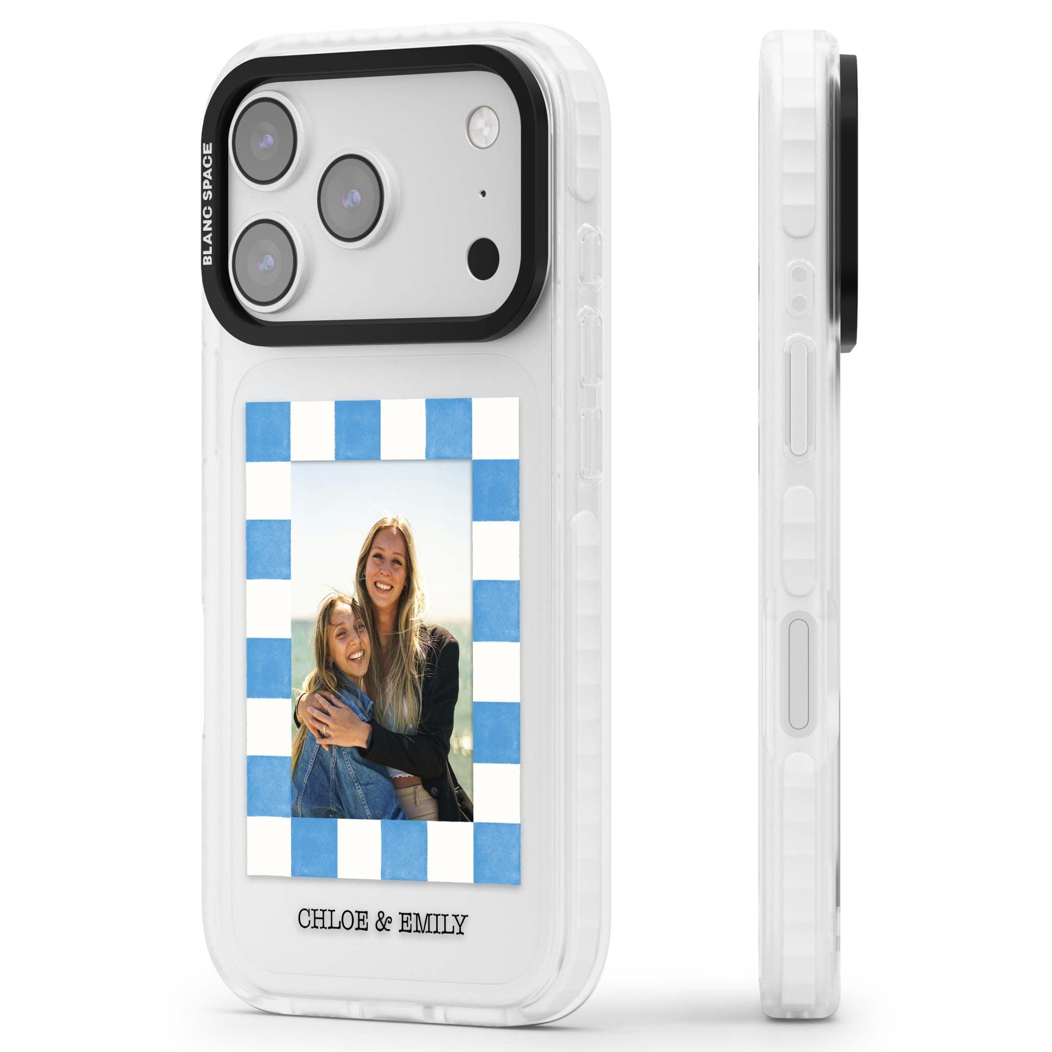 Blue Check Photo personalised photo iPhone case with blue checkered frame and custom couple names | Black Impact case for iPhone 17 Pro, iPhone 17 Pro Max