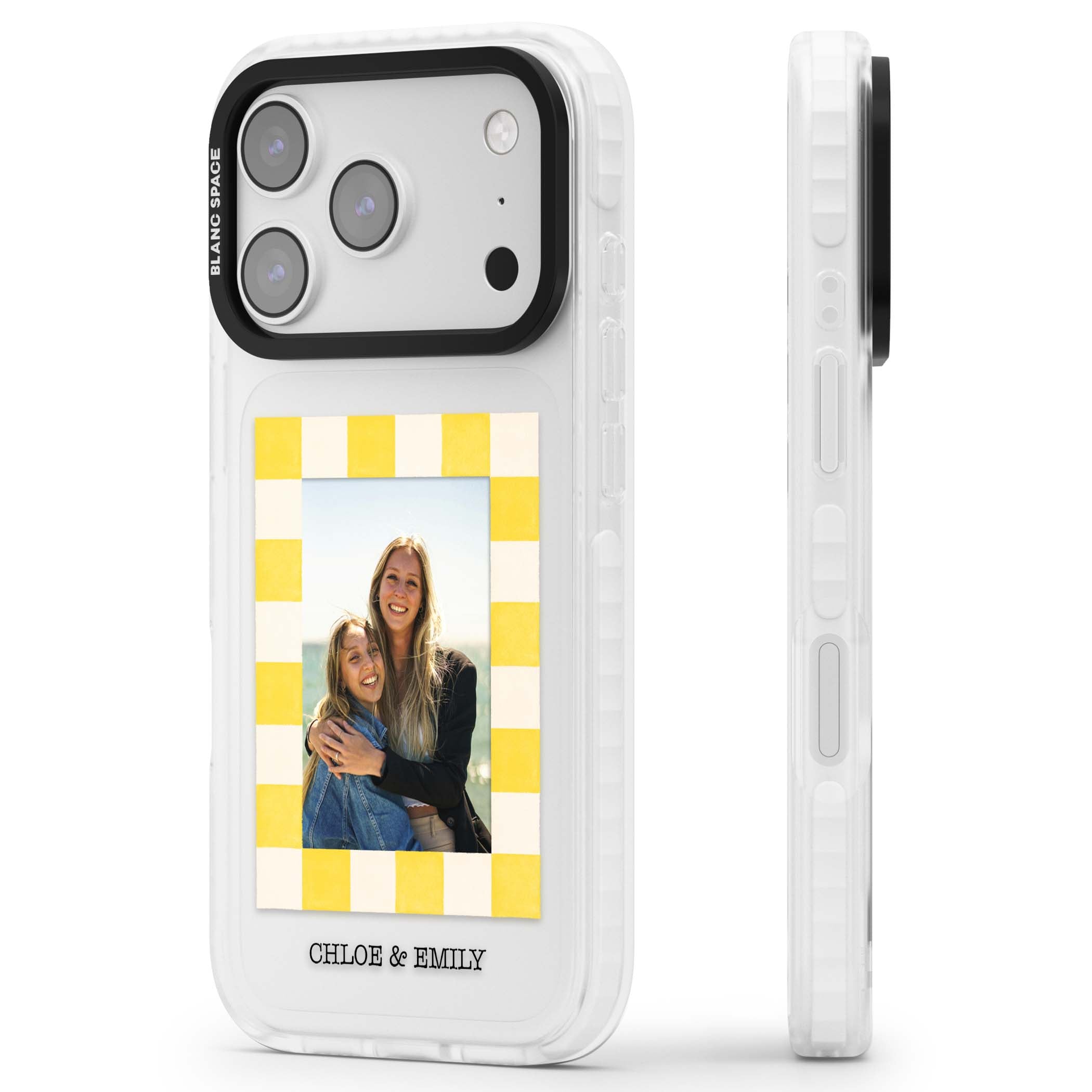 Yellow Check Photo personalised iPhone case with yellow checkered Polaroid frame and custom names beneath | Black Impact case for iPhone 17 Pro, iPhone 17 Pro Max