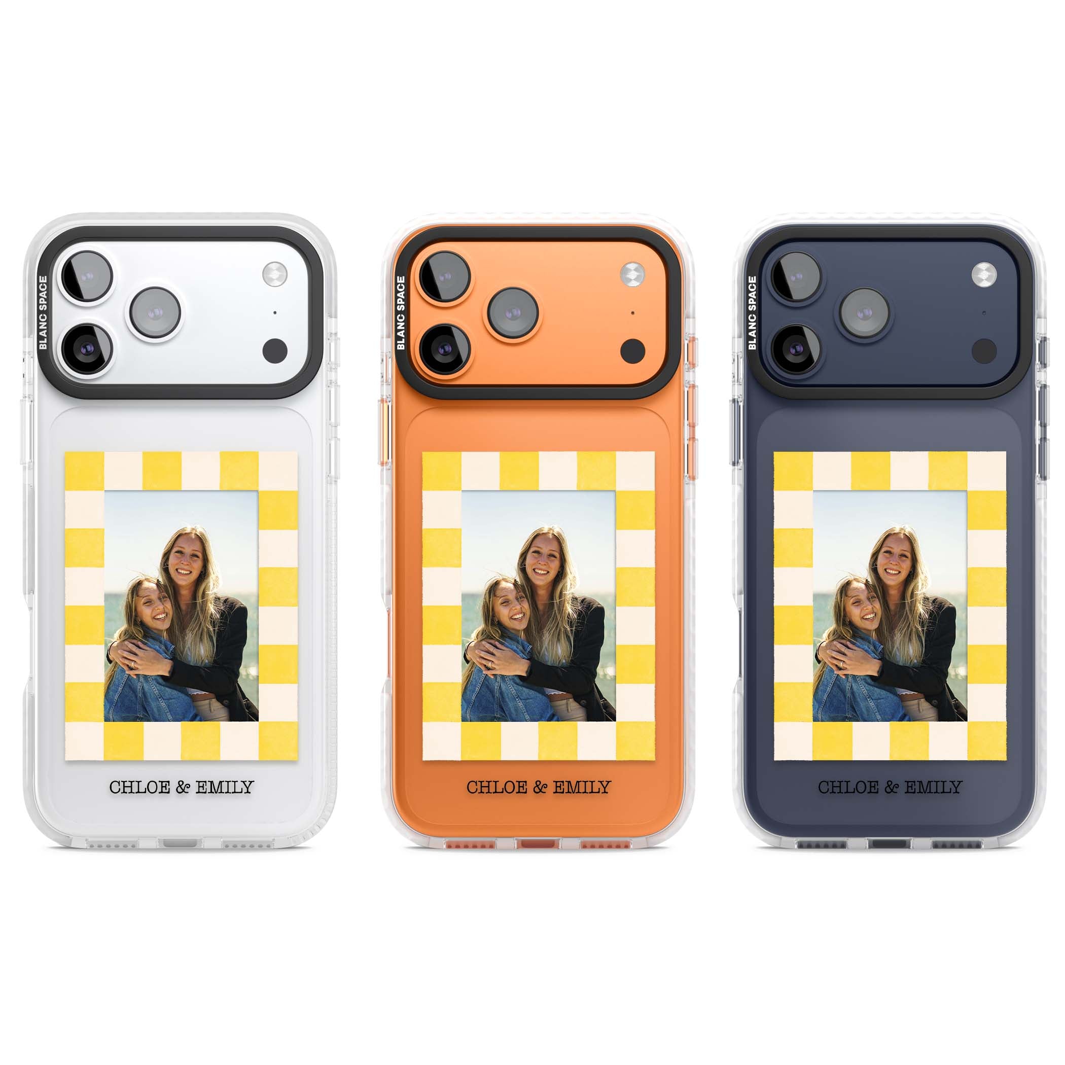 Yellow Check Photo personalised iPhone case with yellow checkered Polaroid frame and custom names beneath | Black Impact case for iPhone 17 Pro, iPhone 17 Pro Max