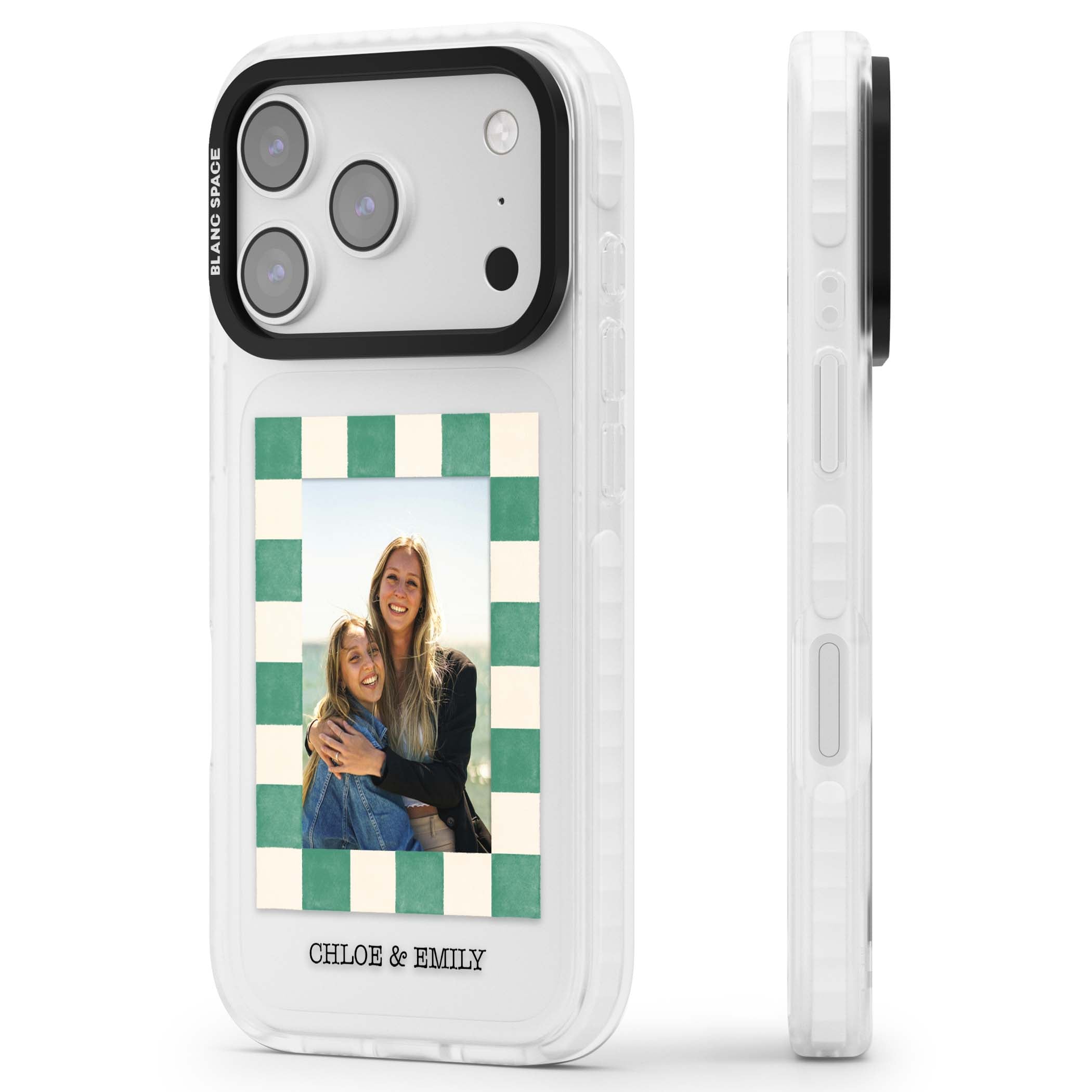 Seafoam Check Photo personalised iPhone case featuring a custom polaroid photo, green and cream checkered frame, and custom n | Black Impact case for iPhone 17 Pro, iPhone 17 Pro Max