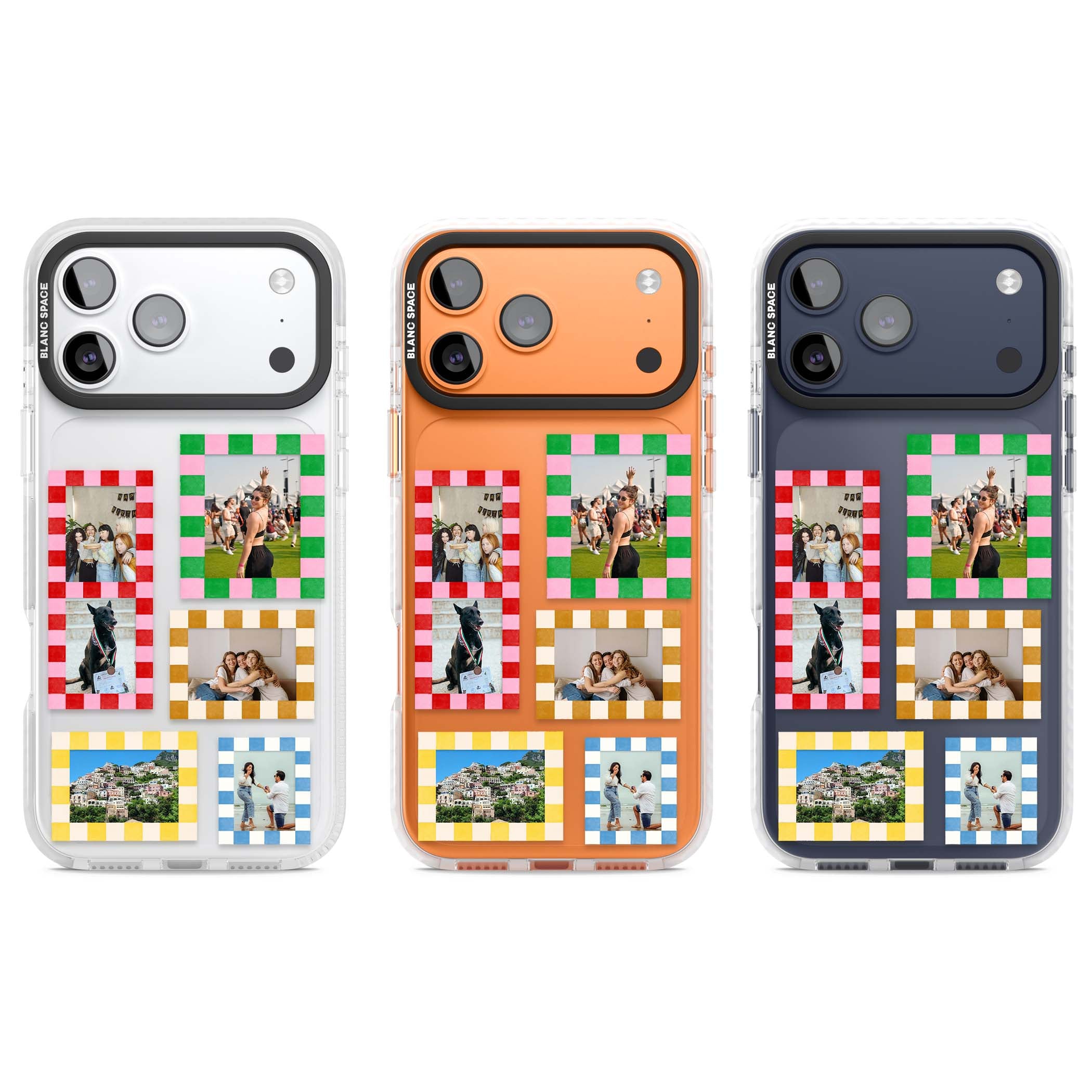 Italian Check Frames custom photo collage iPhone case featuring six checkered photo frames in red, green, pink and  | Black Impact case for iPhone 17 Pro, iPhone 17 Pro Max