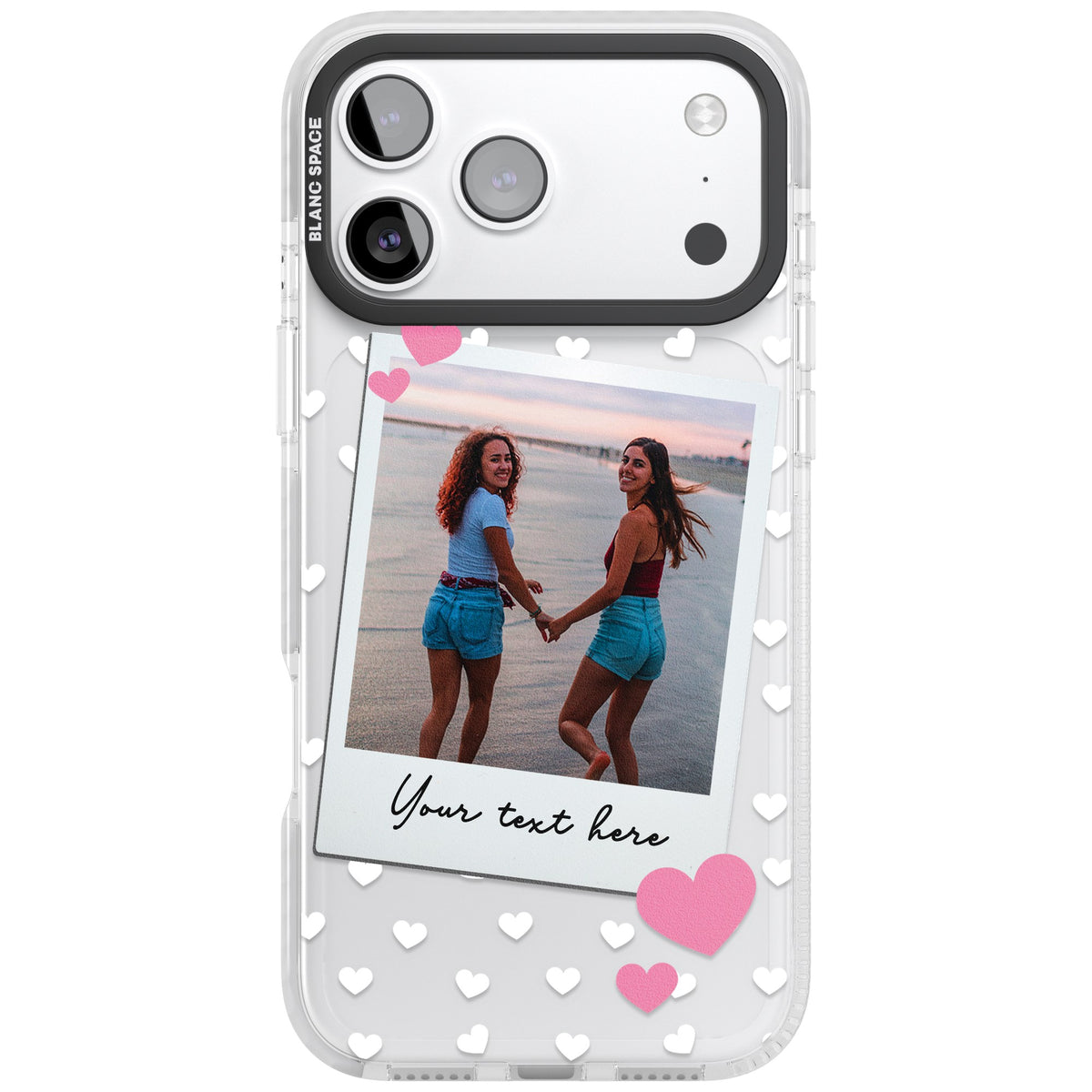 Personalised Hearts Instant Camera Photo iPhone 17 Pro Max Impact Clear Phone Case front