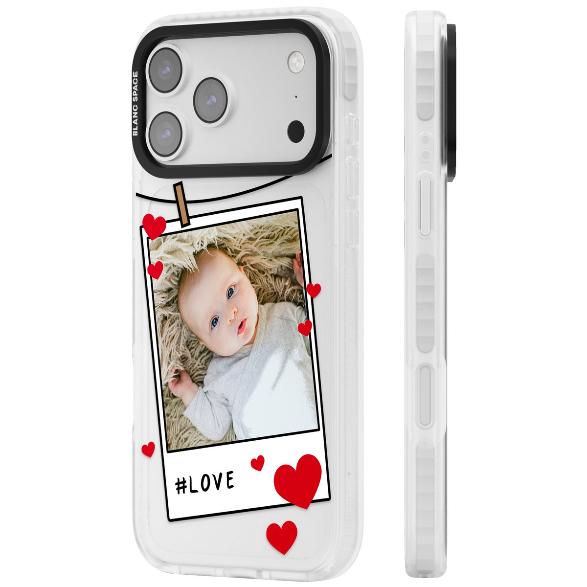 Personalised Paperclip & Hearts Polaroid iPhone 17 Pro Max Impact Clear Phone Case side