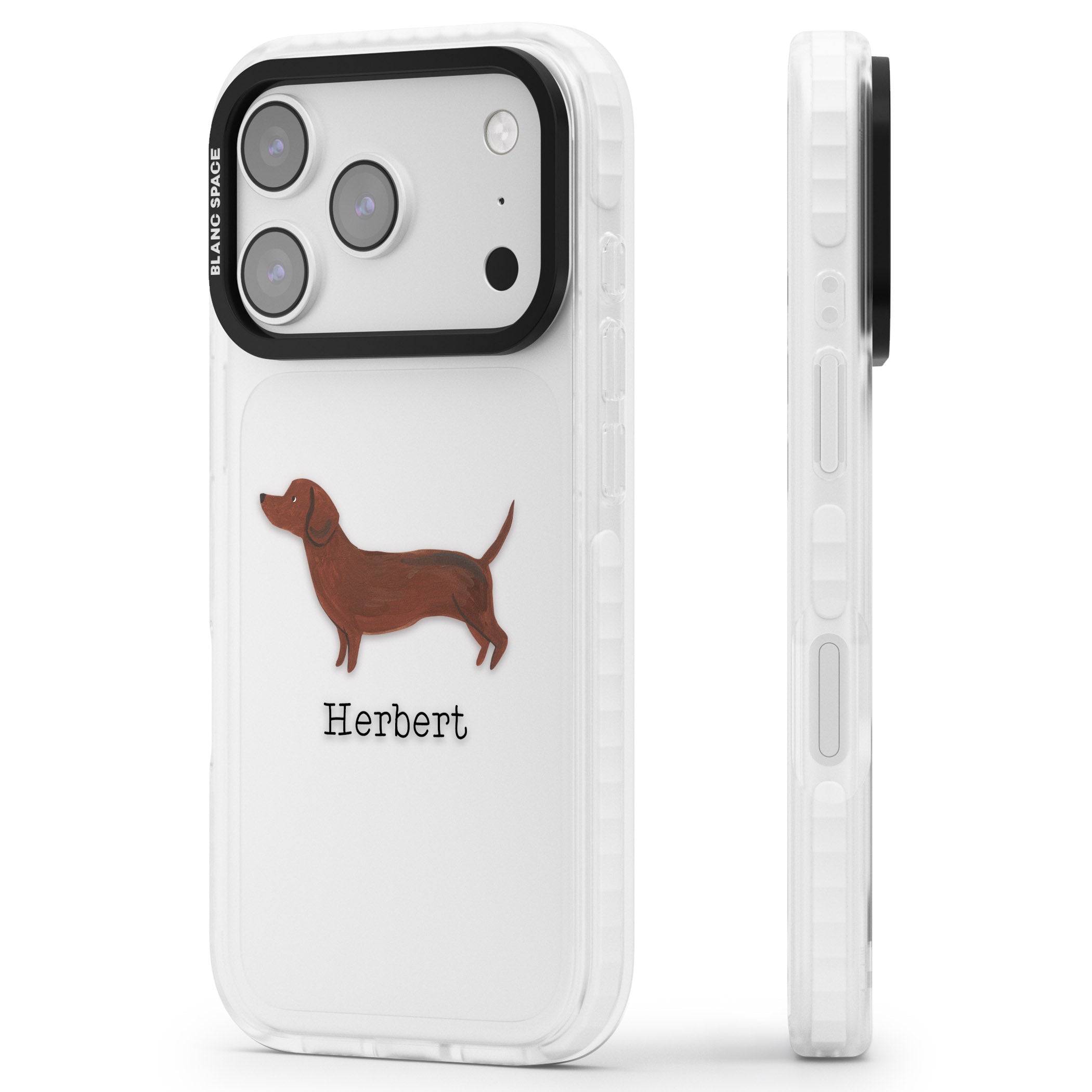 Personalised Sausage Dog iPhone 17 Pro Impact Clear Phone Case Side Profile