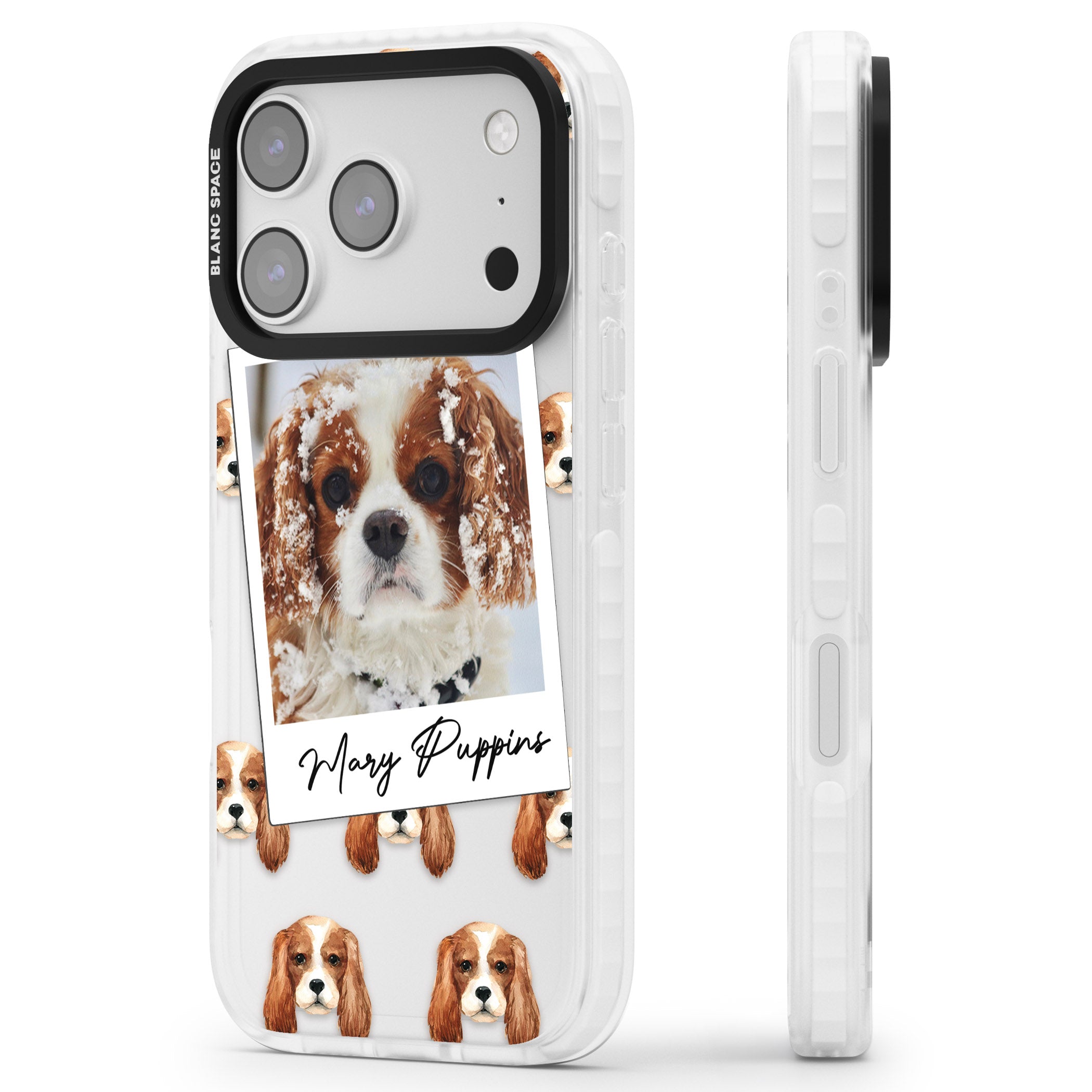Personalised Cavalier King Charles Instant Camera Photo iPhone 17 Pro Impact Clear Phone Case Side Profile