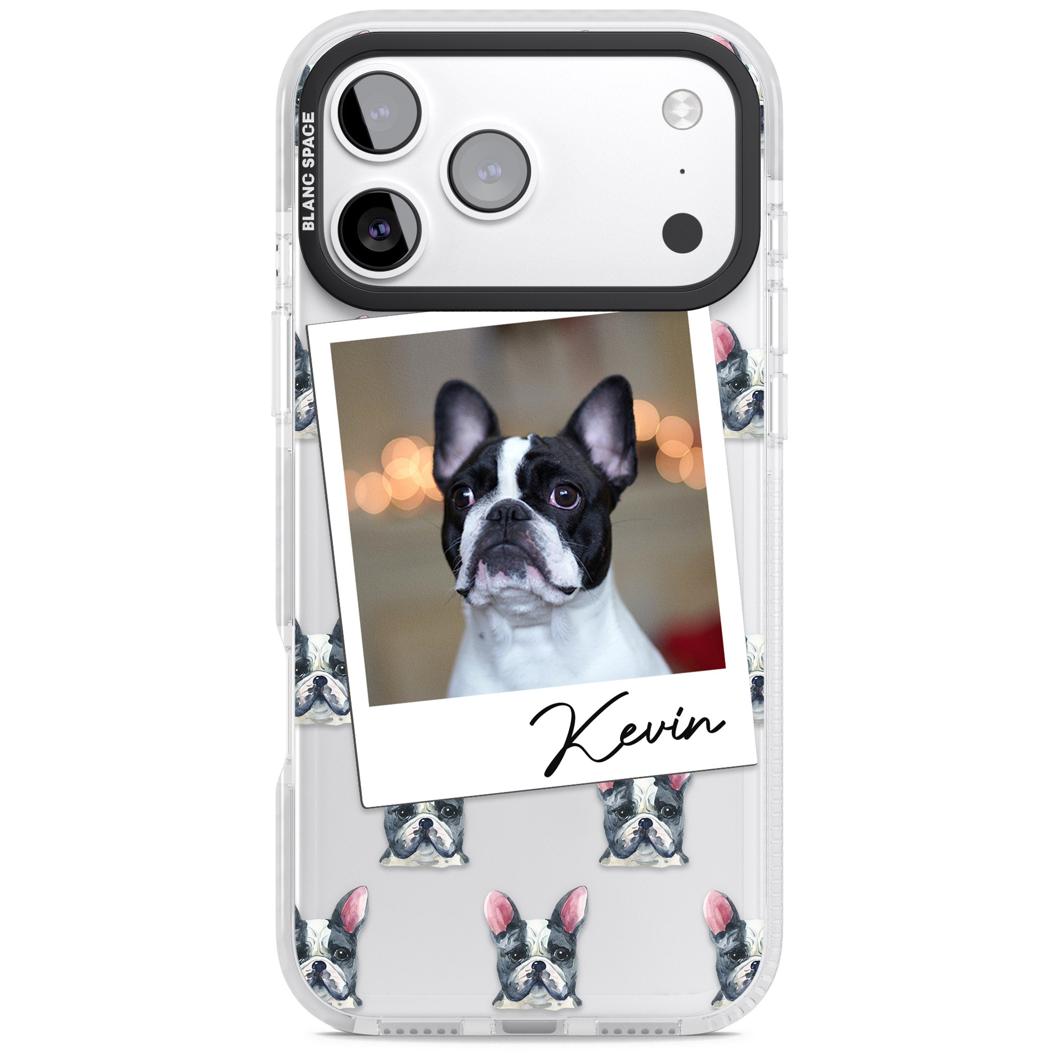 Personalised Black & White French Bulldog Instant Camera Photo iPhone 17 Pro Impact Clear Phone Case