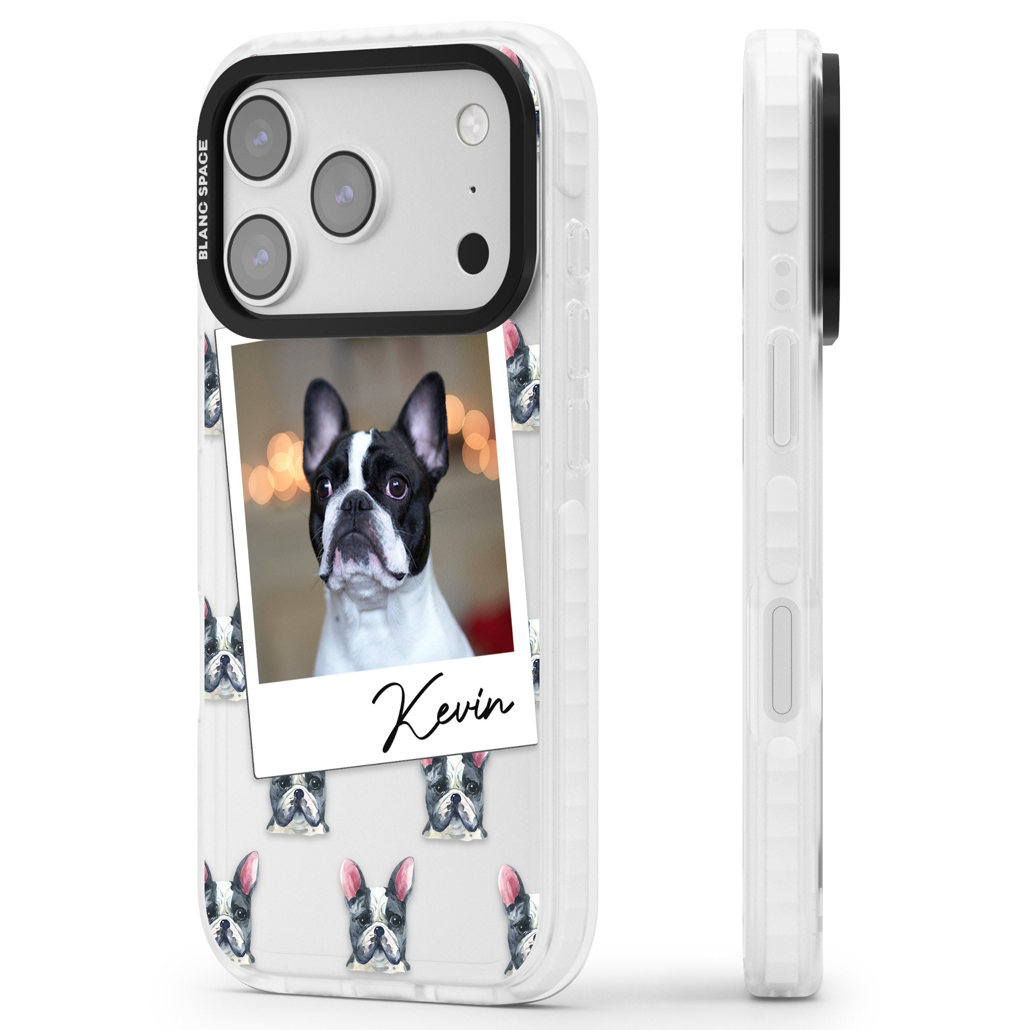 Personalised Black & White French Bulldog Instant Camera Photo iPhone 17 Pro Impact Clear Phone Case Side Profile