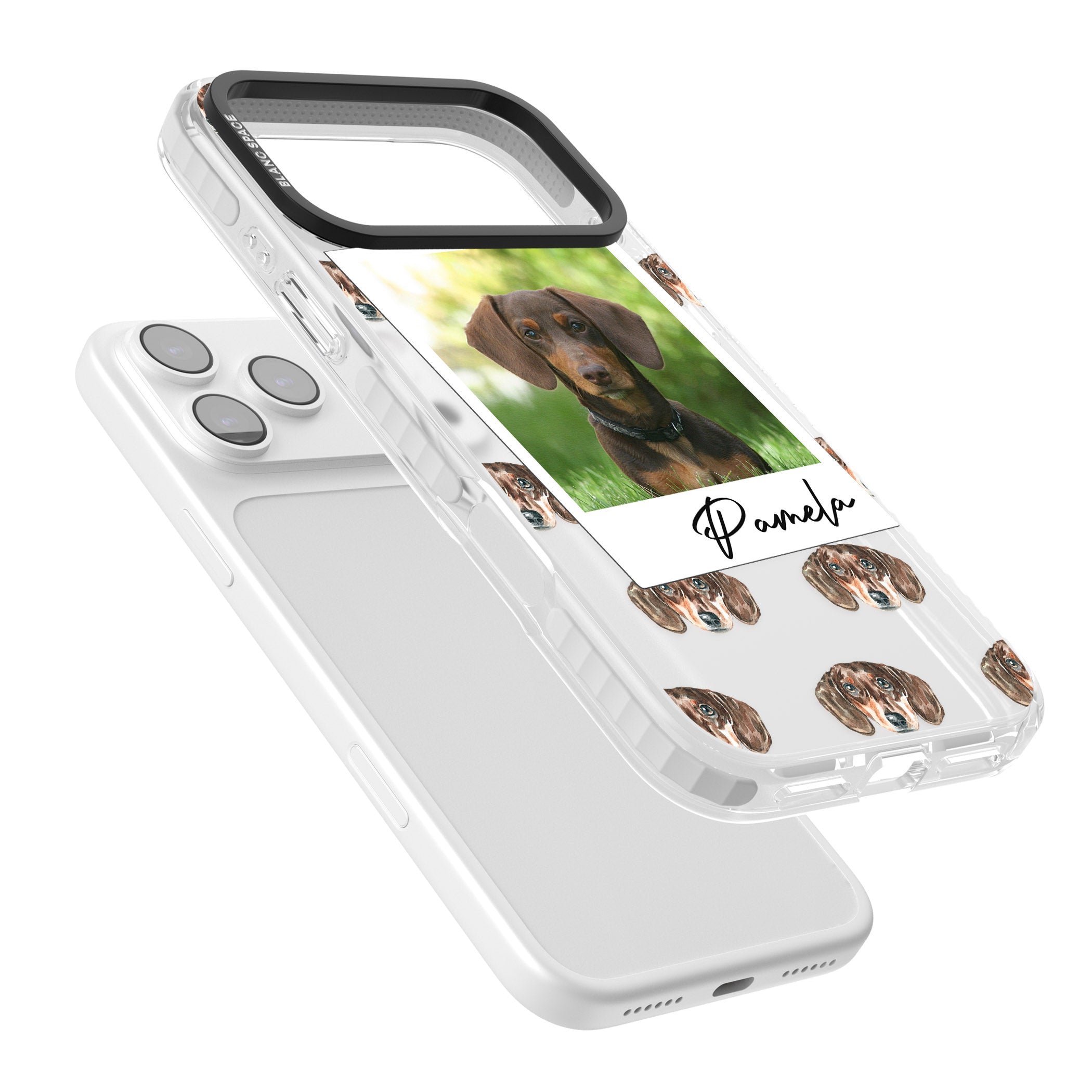 Personalised Brown Dachshund Instant Camera Photo iPhone 17 Pro Impact Clear Phone Case Colours