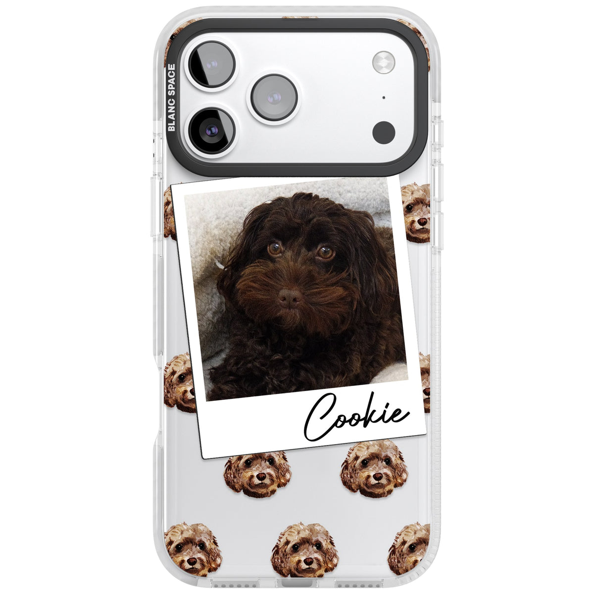 Personalised Brown Cockapoo Instant Camera Photo iPhone 17 Pro Max Impact Clear Phone Case front