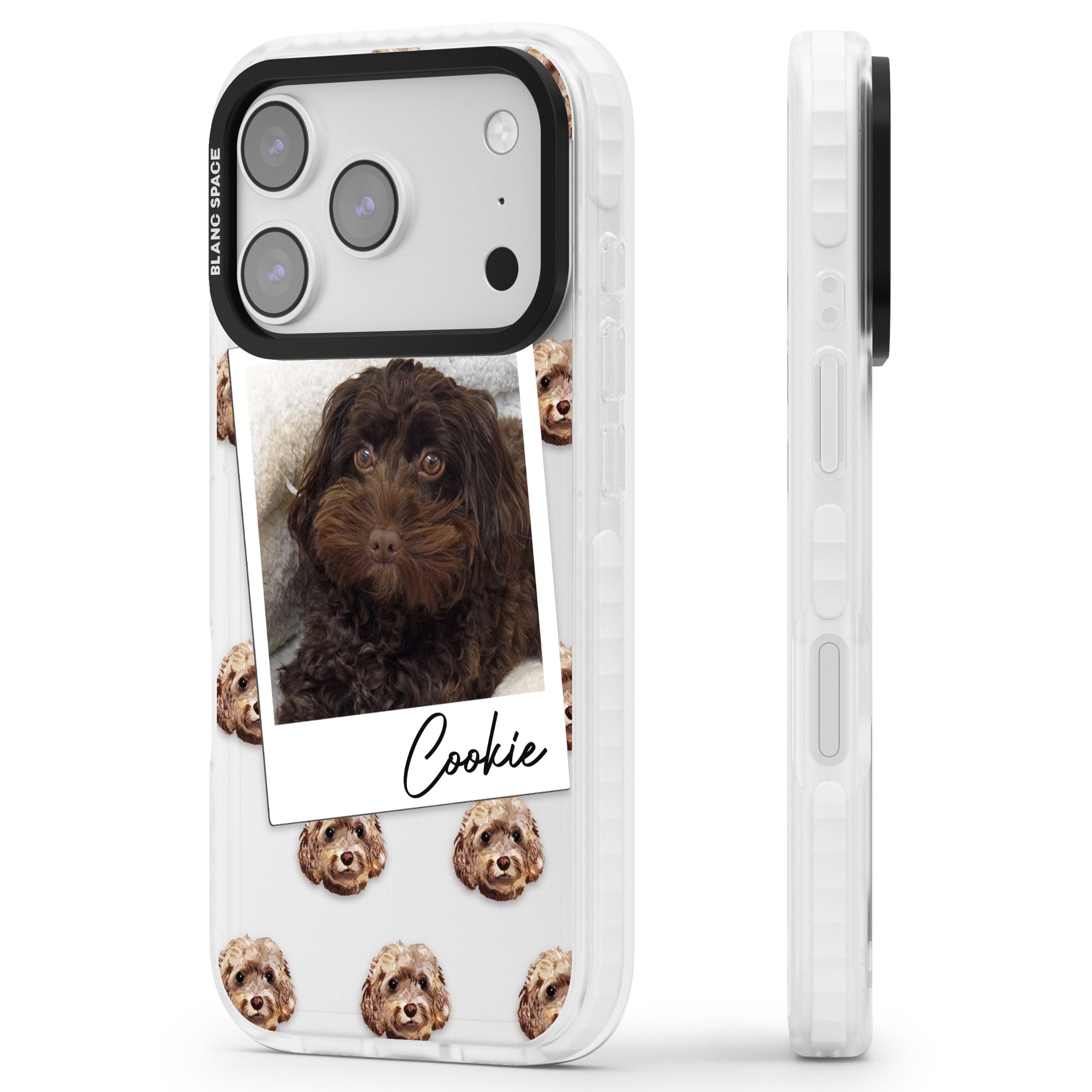 Personalised Brown Cockapoo Instant Camera Photo iPhone 17 Pro Impact Clear Phone Case Side Profile