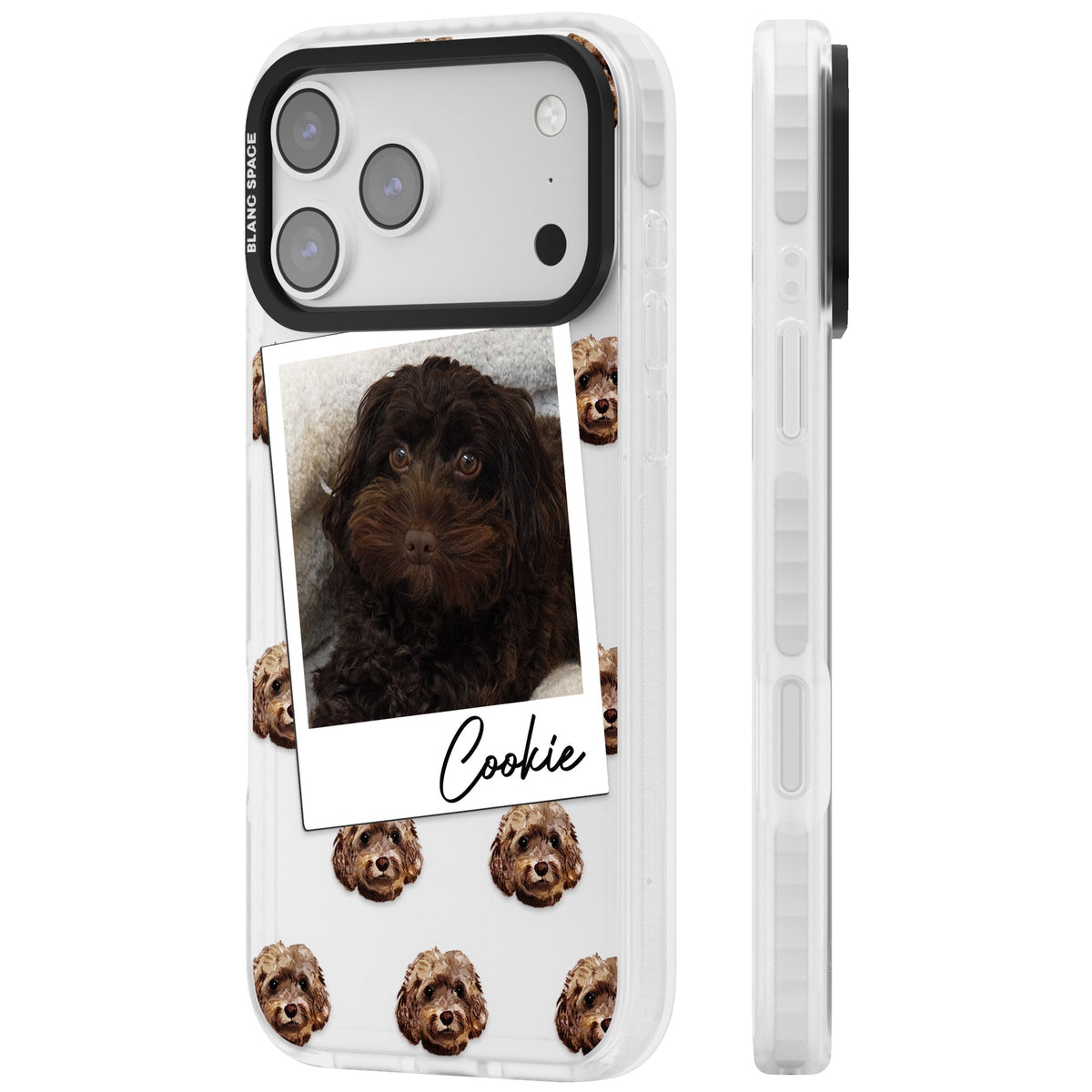 Personalised Brown Cockapoo Instant Camera Photo iPhone 17 Pro Max Impact Clear Phone Case side