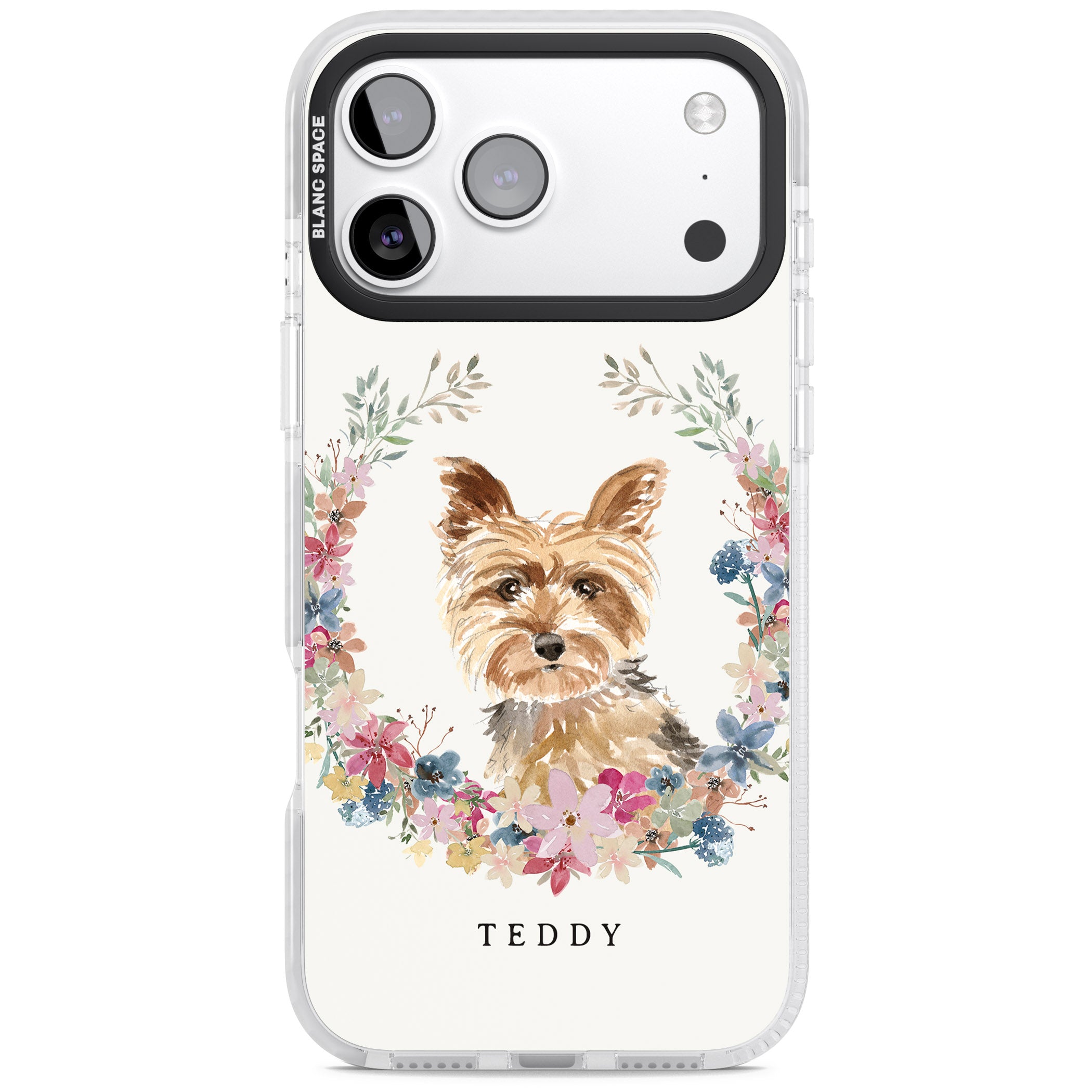 Personalised Yorkshire Terrier Floral Portrait iPhone 17 Pro Impact Clear Phone Case