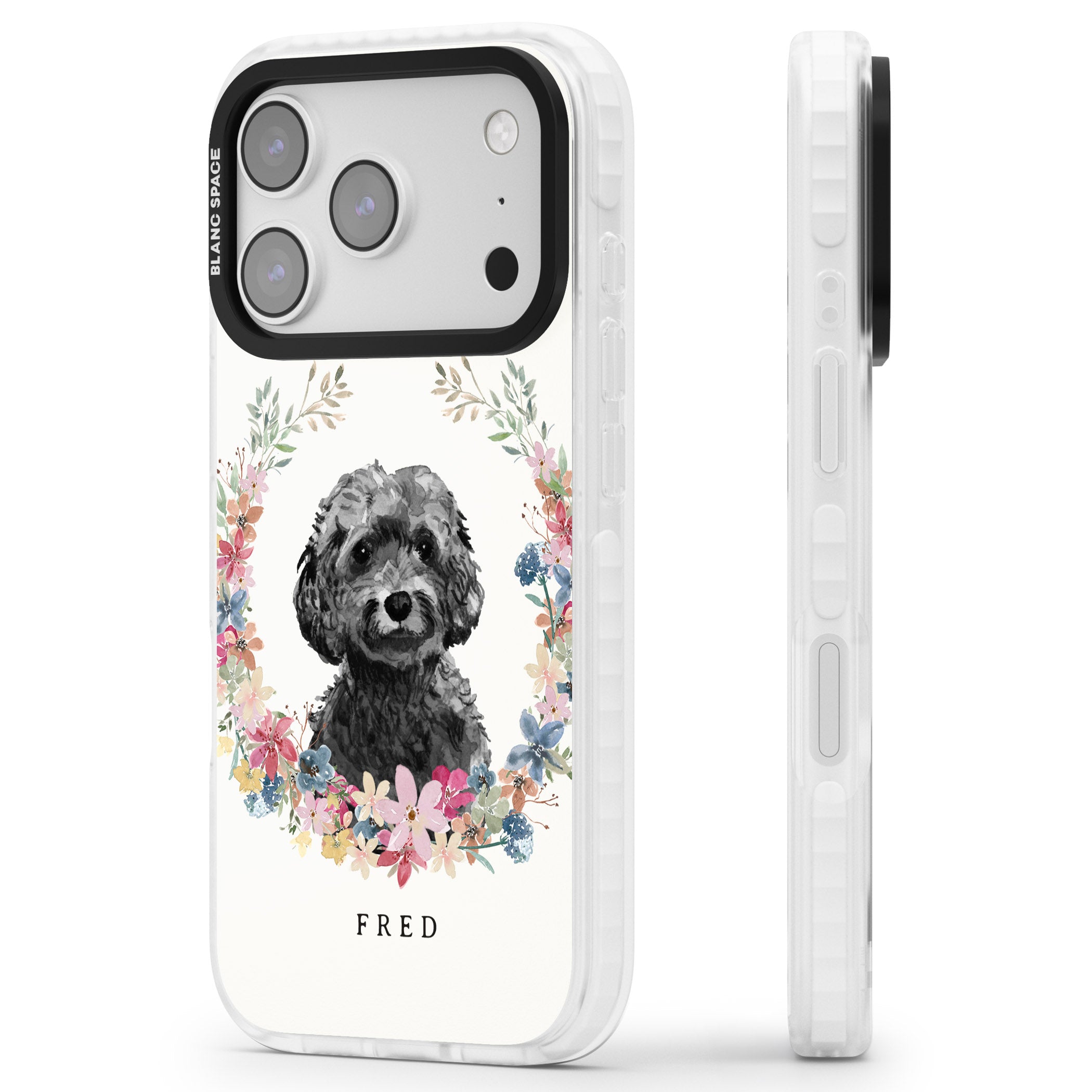 Personalised Black Cockapoo Floral Portrait iPhone 17 Pro Impact Clear Phone Case Side Profile