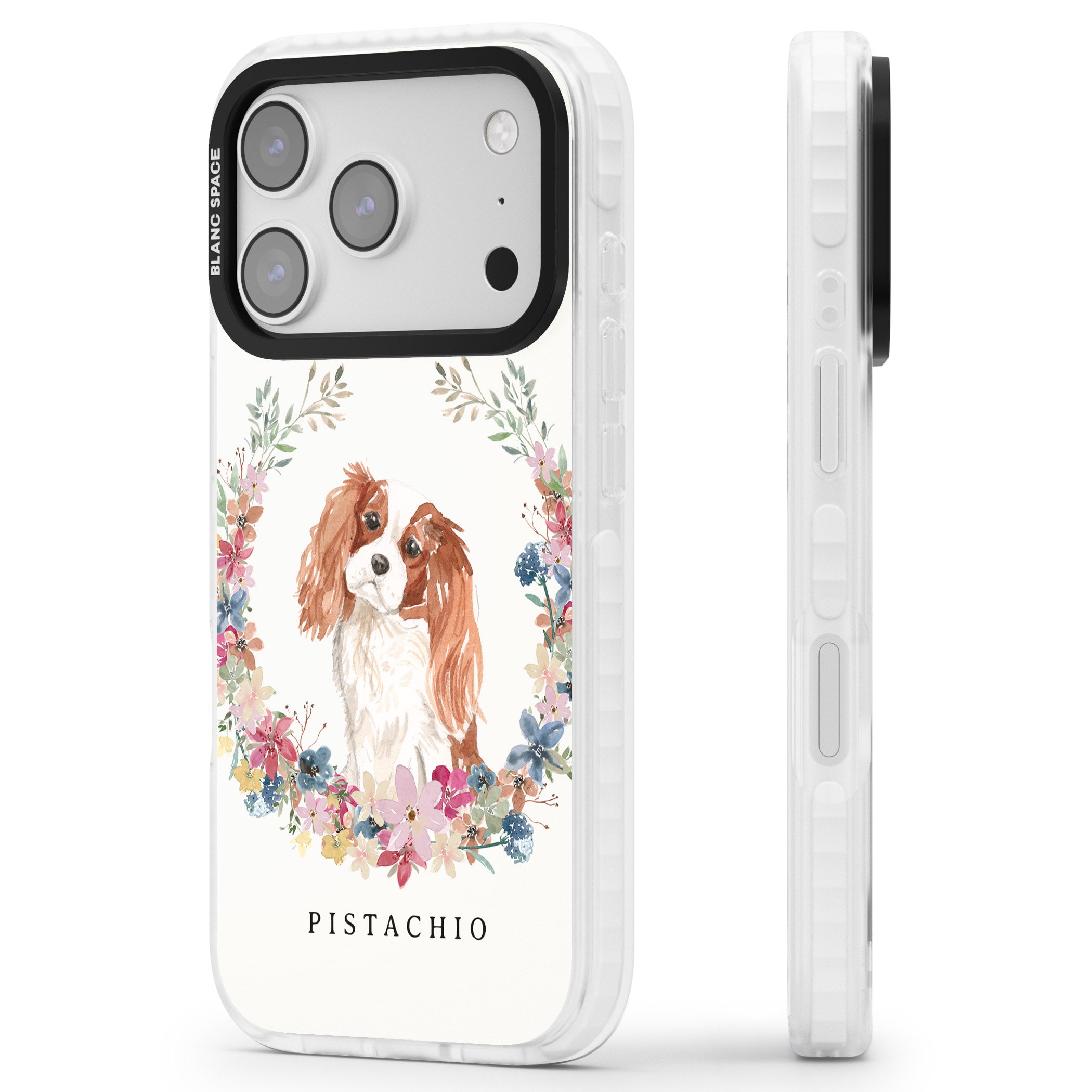 Personalised Cavalier King Charles Floral Portrait iPhone 17 Pro Impact Clear Phone Case Side Profile