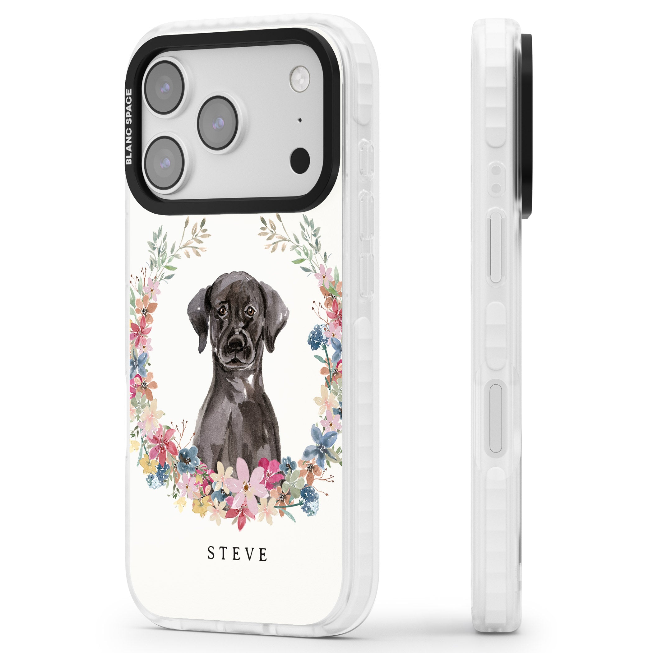 Personalised Black Labrador Floral Portrait iPhone 17 Pro Impact Clear Phone Case Side Profile