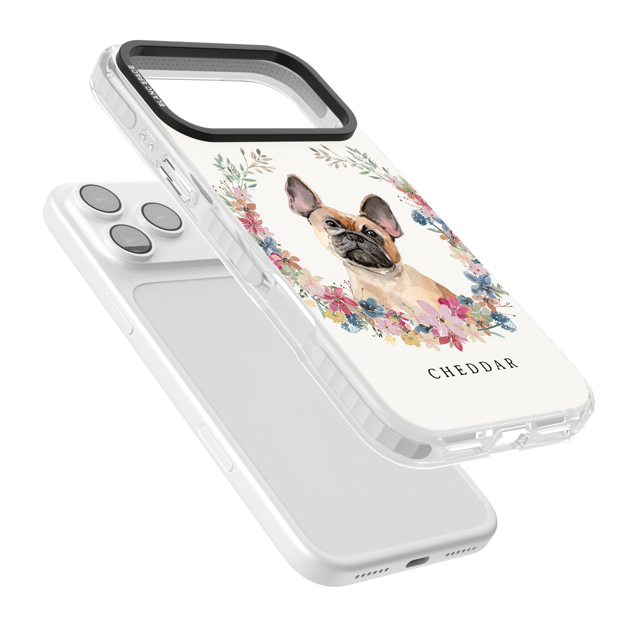 Personalised Tan French Bulldog Floral Portrait iPhone 17 Pro Impact Clear Phone Case Colours