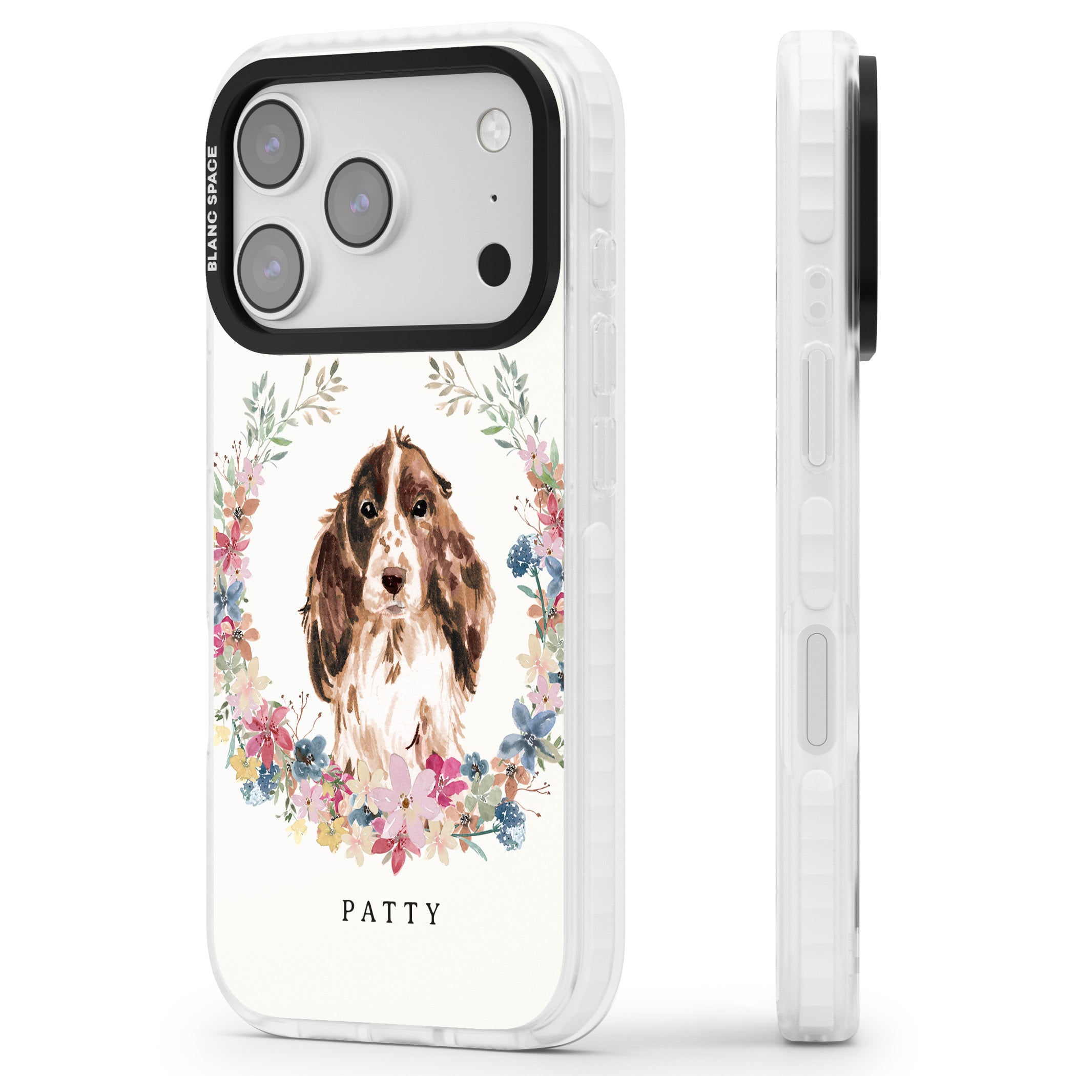 Personalised Cocker Spaniel Floral Portrait iPhone 17 Pro Impact Clear Phone Case Side Profile