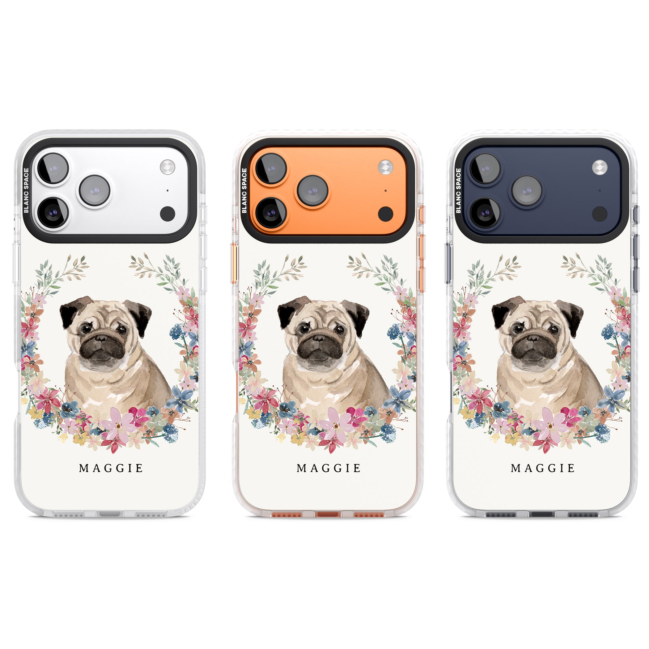 Personalised Pug Floral Portrait iPhone 17 Pro Impact Clear Phone Case APT Impact Protection