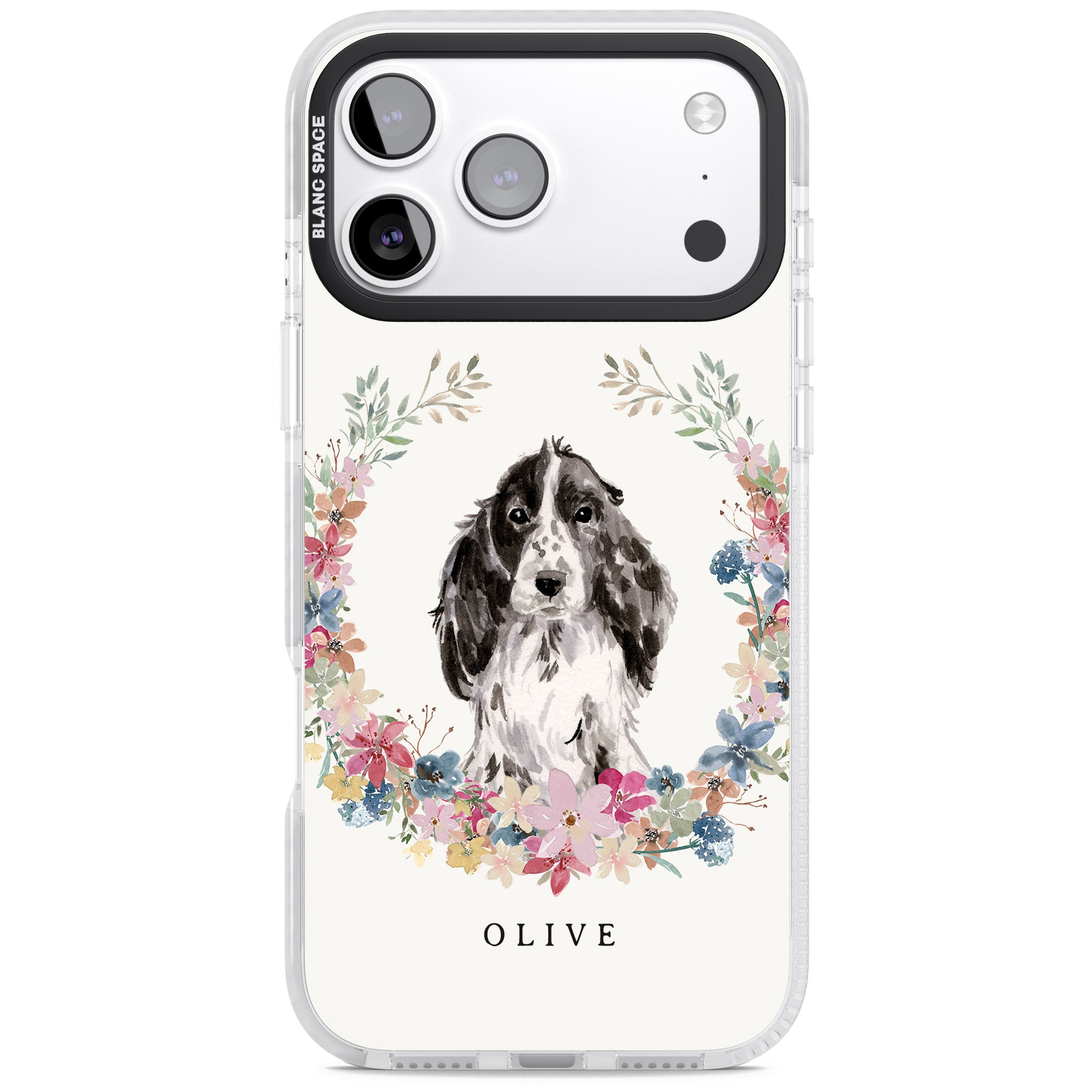 Personalised Black Cocker Spaniel Floral Portrait iPhone 17 Pro Impact Clear Phone Case