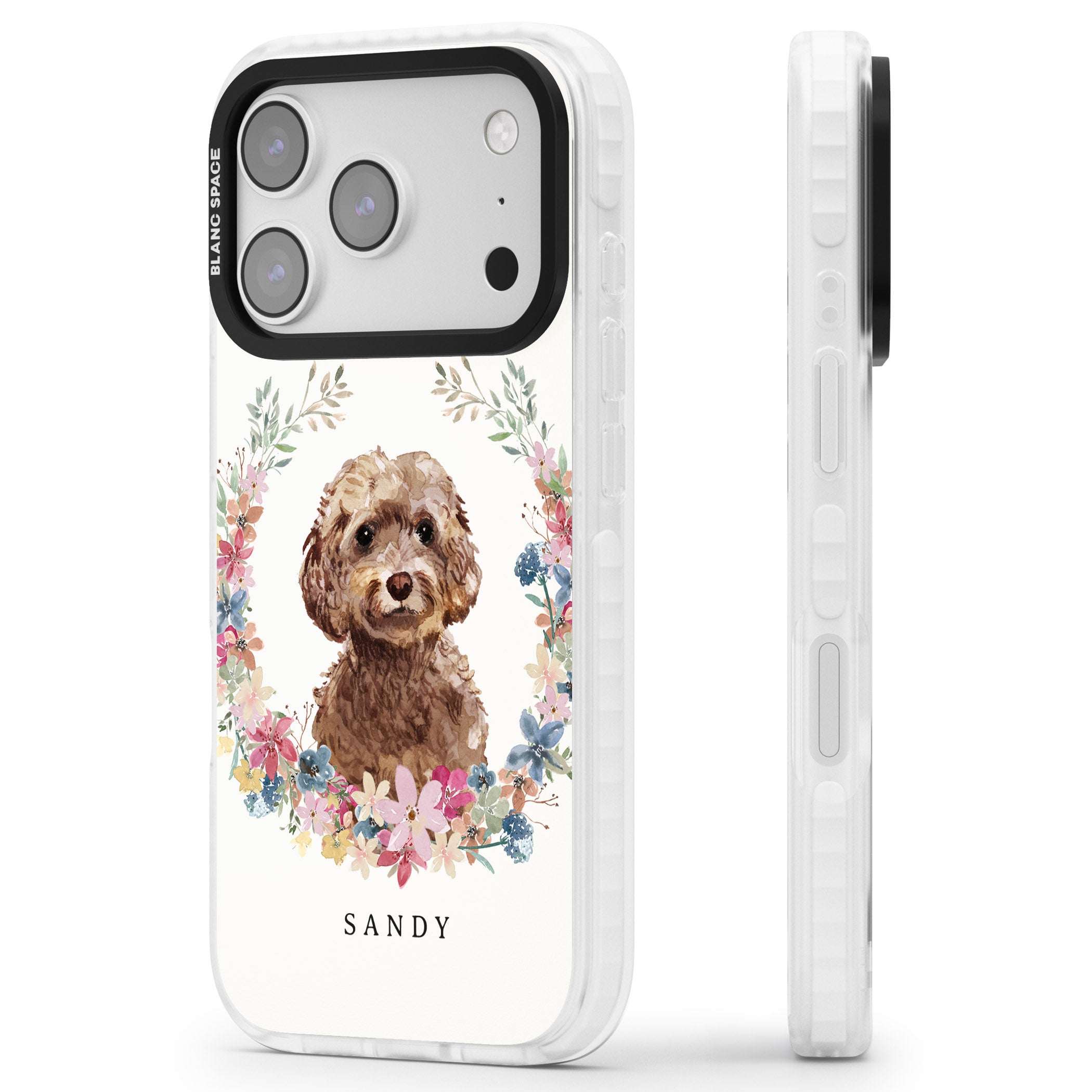 Personalised Brown Cockapoo Floral Portrait iPhone 17 Pro Impact Clear Phone Case Side Profile