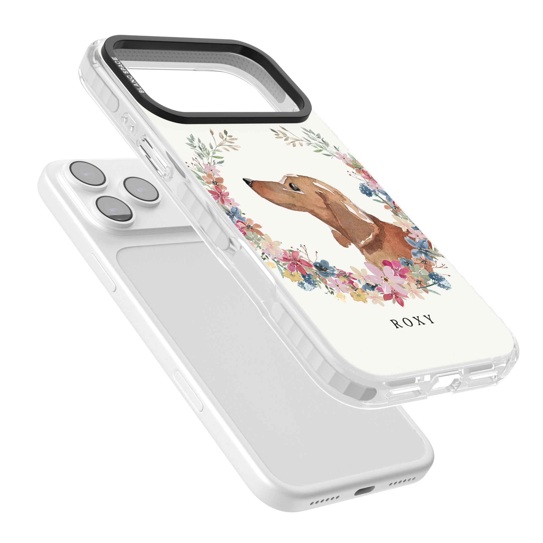Personalised Tan Dachshund Floral Portrait iPhone 17 Pro Impact Clear Phone Case Colours