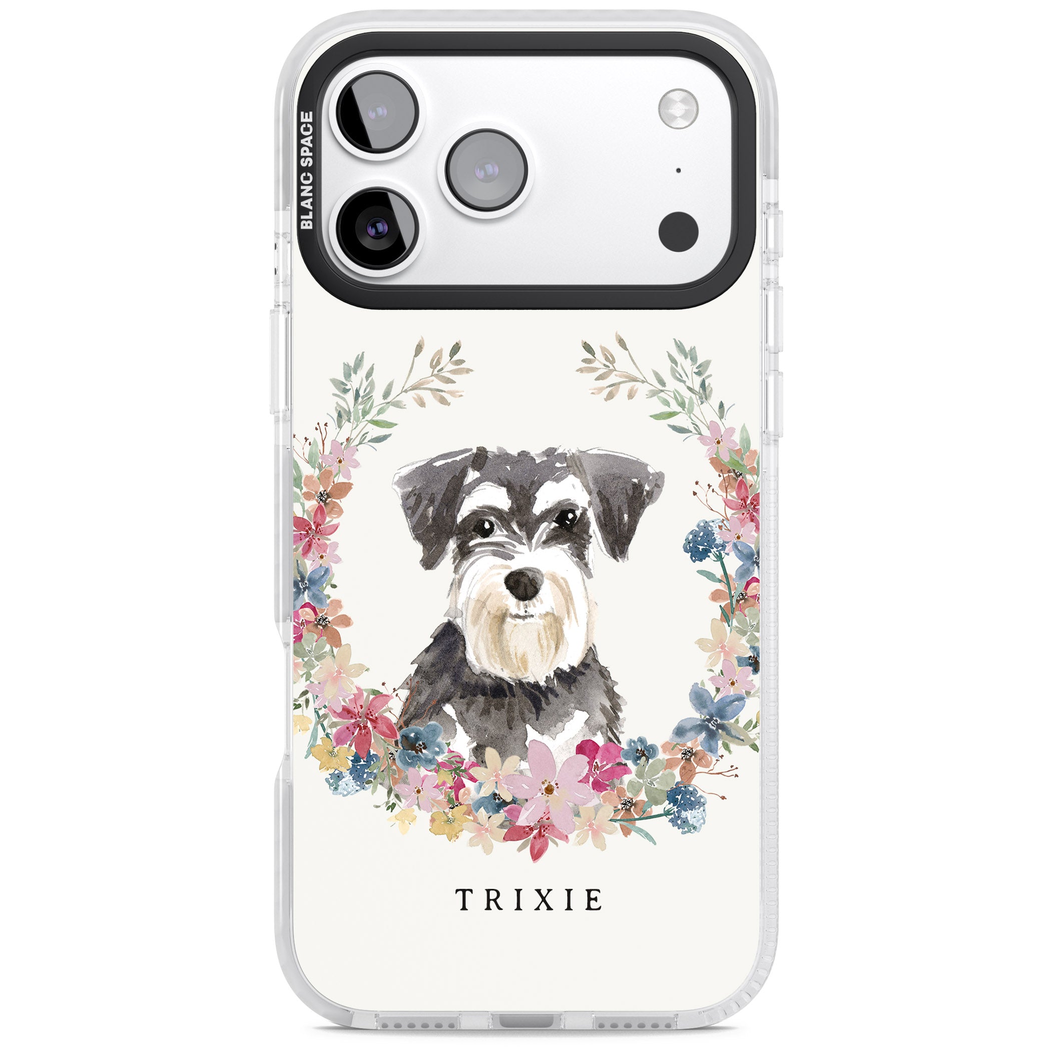 Personalised Watercolor Schnauzer Floral Portrait iPhone 17 Pro Impact Clear Phone Case