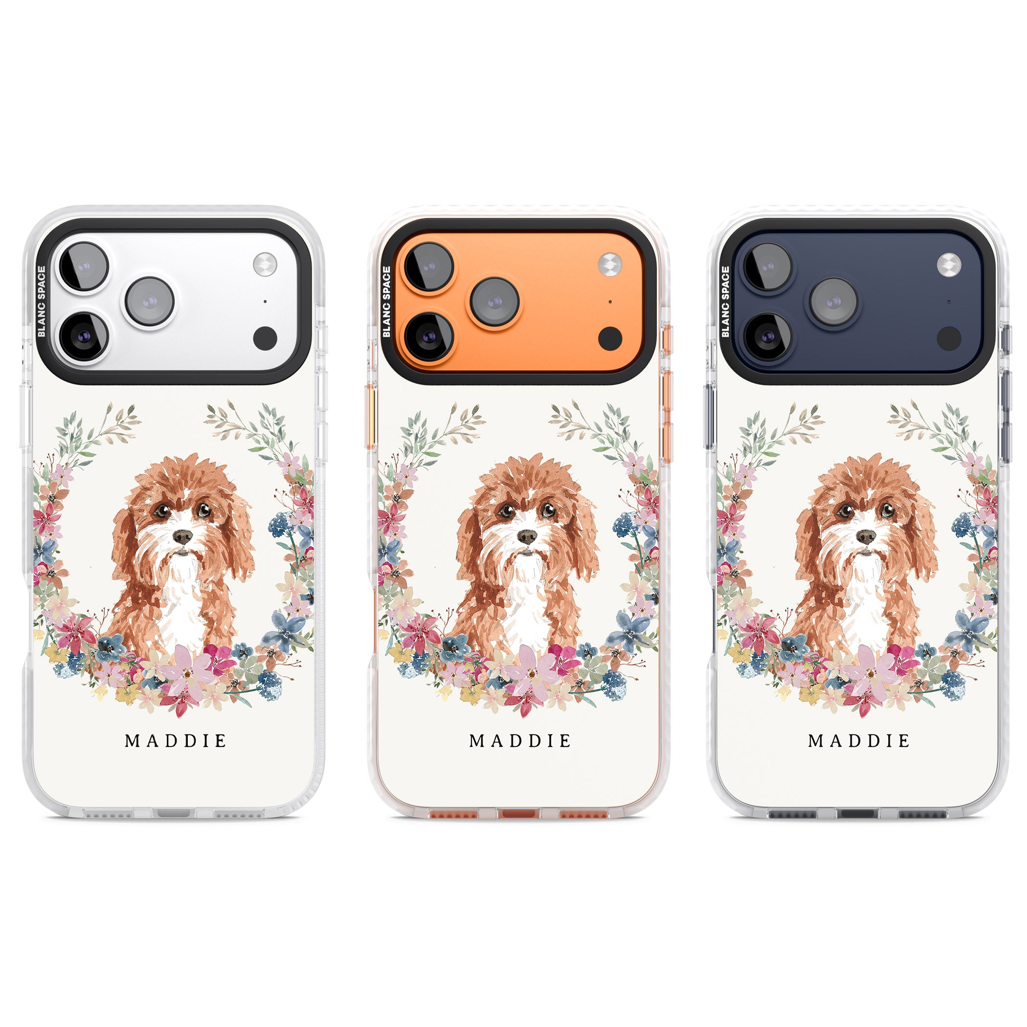 Personalised Cavapoo Floral Portrait iPhone 17 Pro Impact Clear Phone Case APT Impact Protection