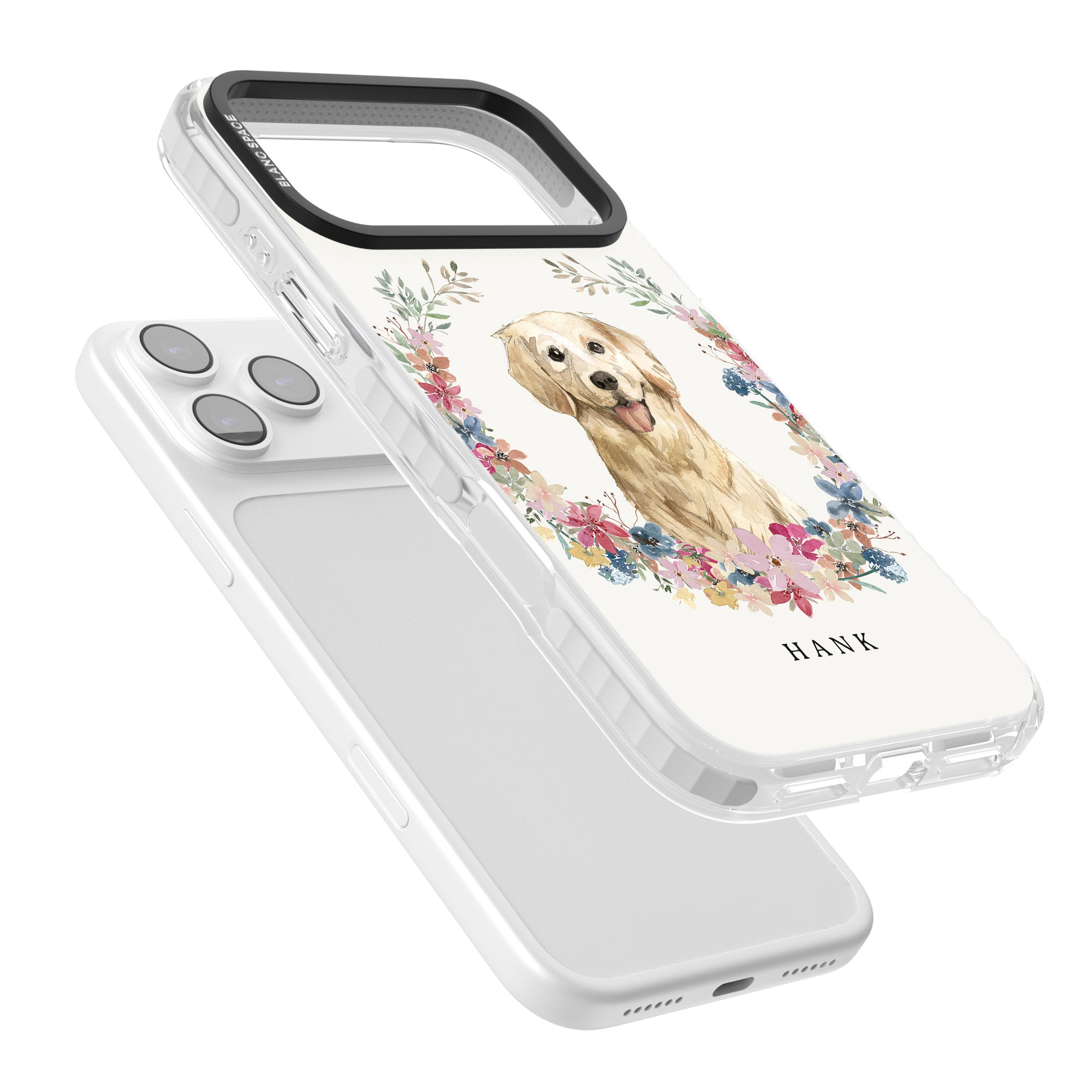 Personalised Golden Retriever Floral Portrait iPhone 17 Pro Impact Clear Phone Case Colours