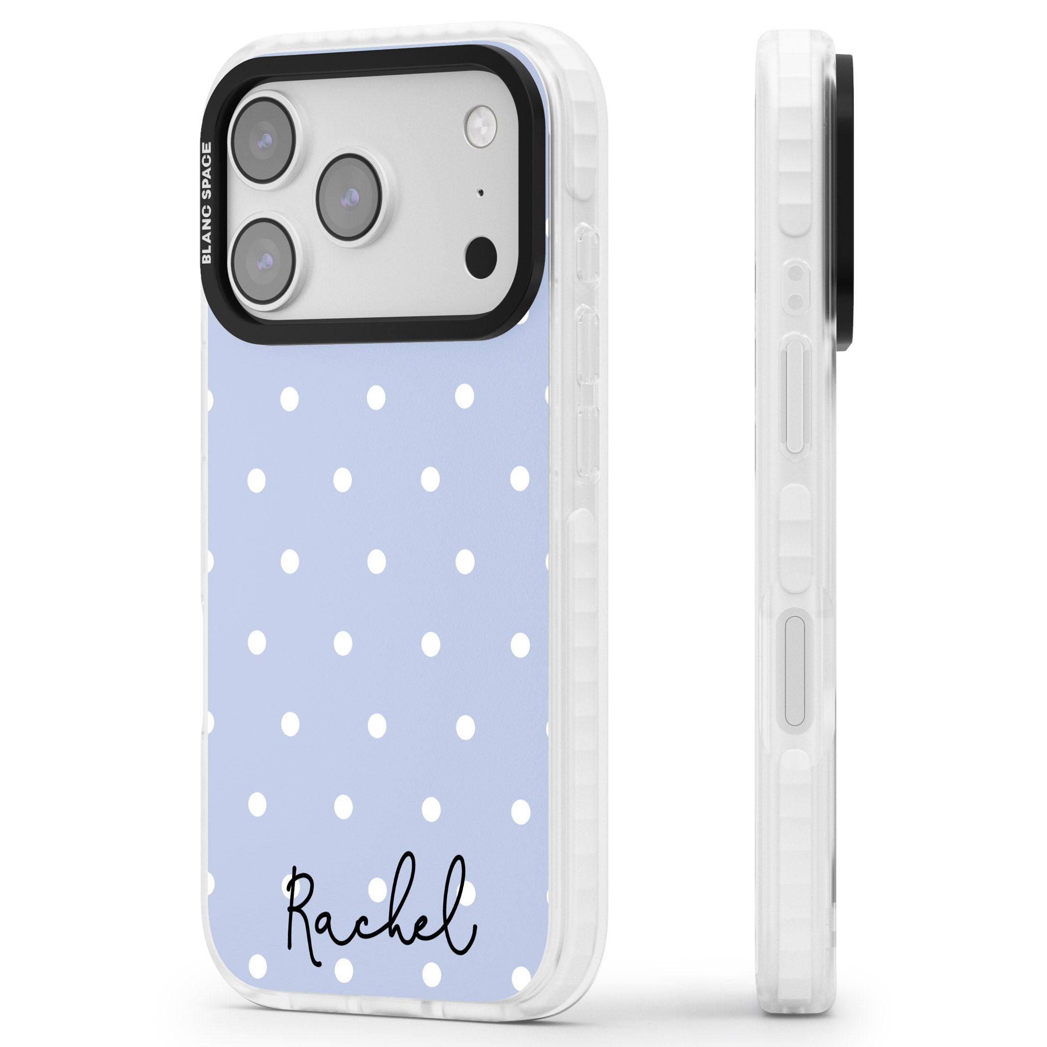 Personalised Simple Light Blue Dots iPhone 17 Pro Impact Clear Phone Case Side Profile