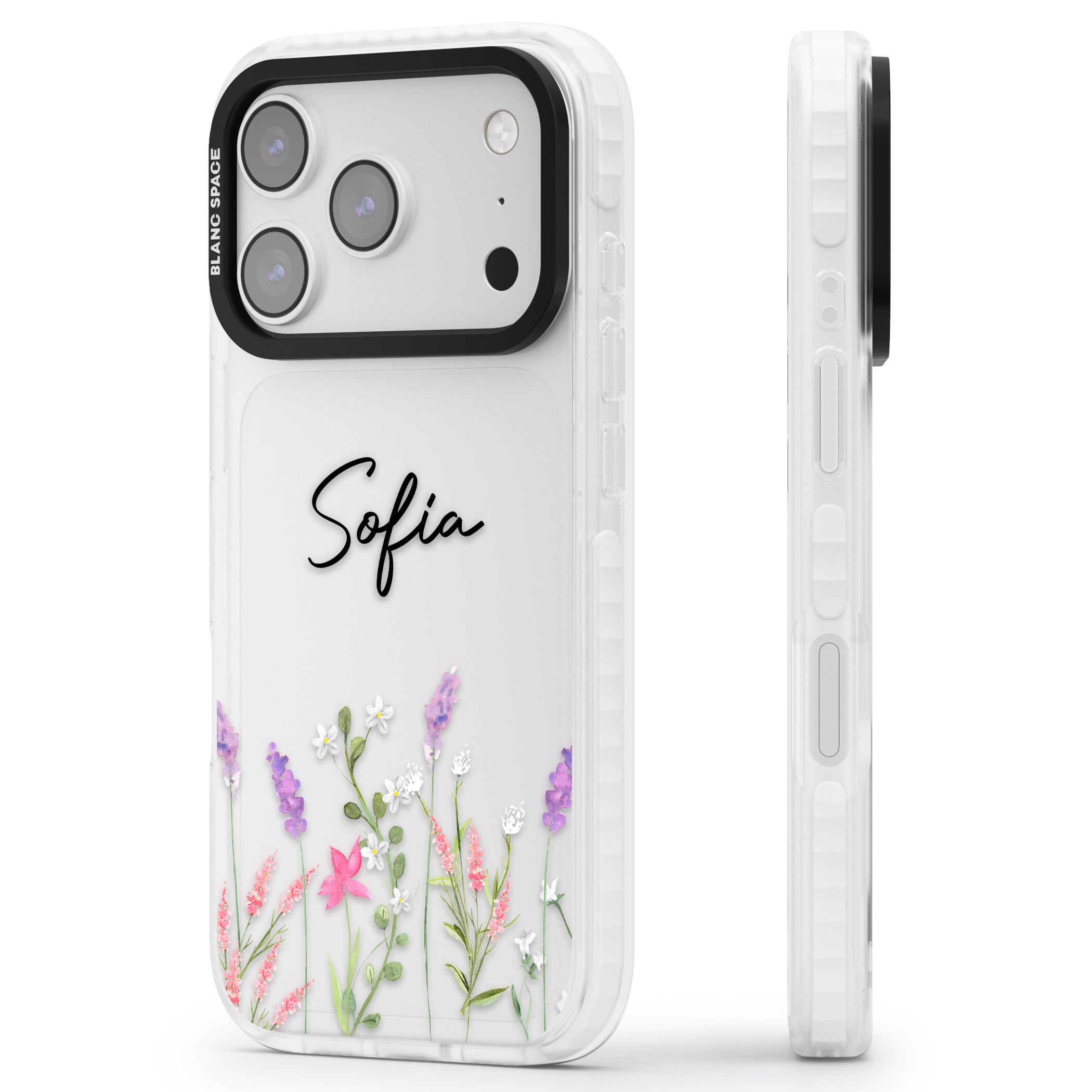Personalised Lavender Wildflowers iPhone 17 Pro Impact Clear Phone Case Side Profile