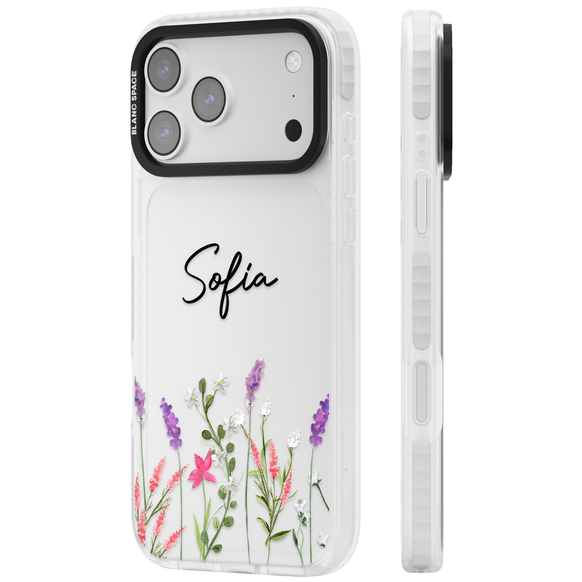 Personalised Lavender Wildflowers iPhone 17 Pro Max Impact Clear Phone Case side