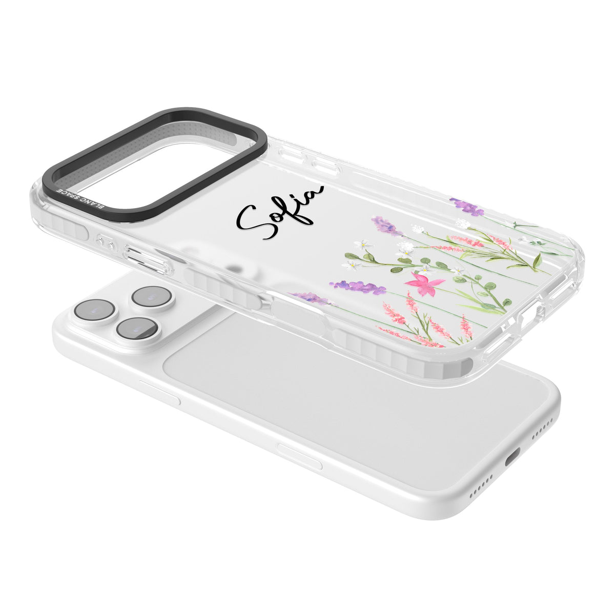 Personalised Lavender Wildflowers iPhone 17 Pro Max Impact Clear Phone Case angled