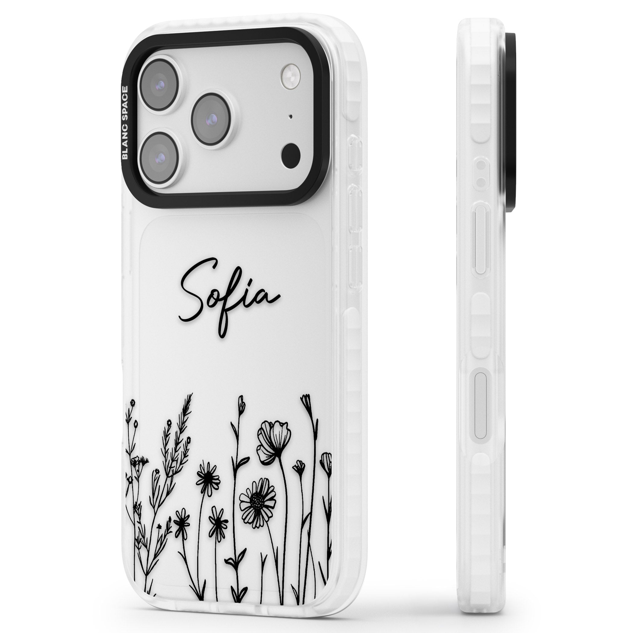 Personalised Black Wildflowers iPhone 17 Pro Impact Clear Phone Case Side Profile