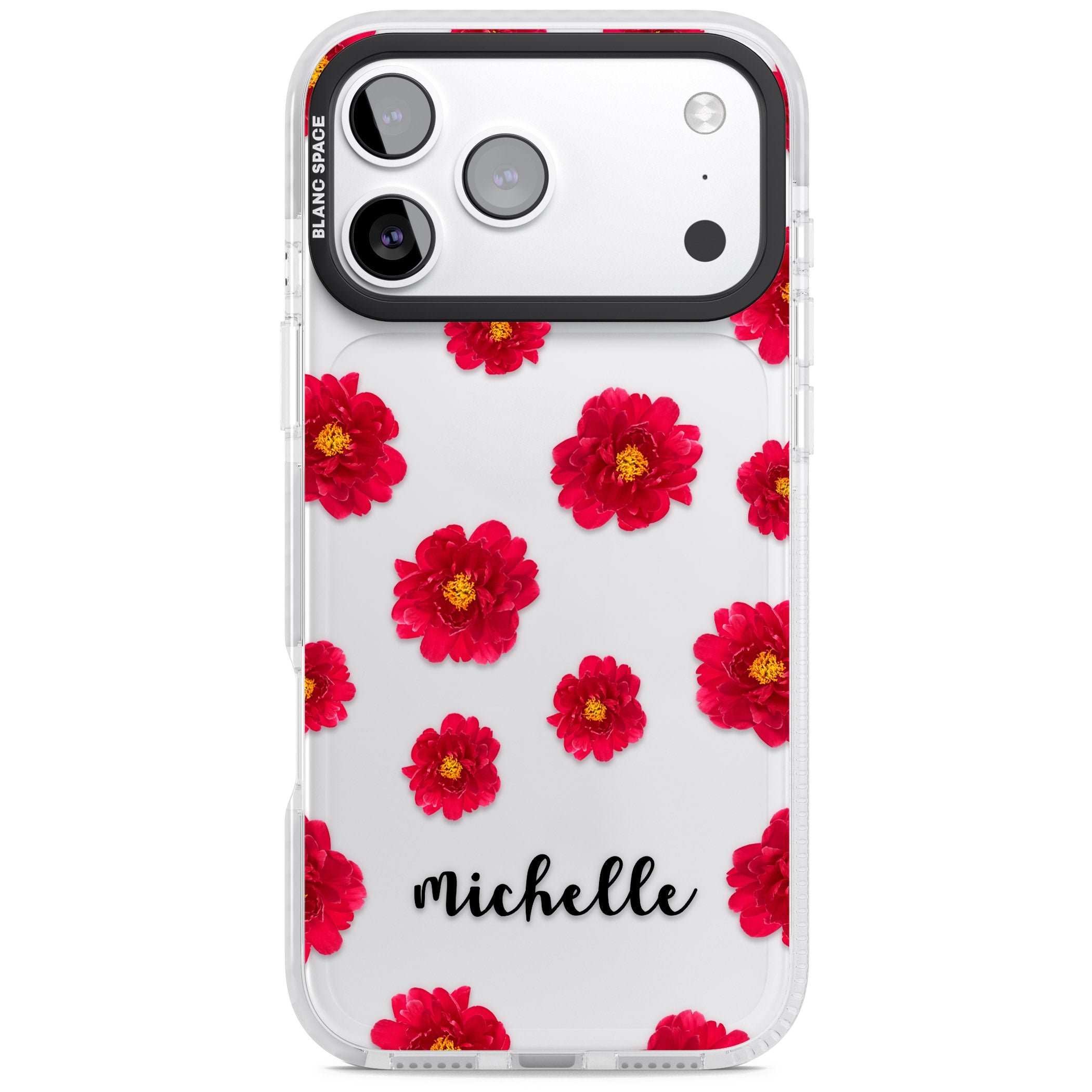 Personalised Red Peonies & Cursive iPhone 17 Pro Impact Clear Phone Case