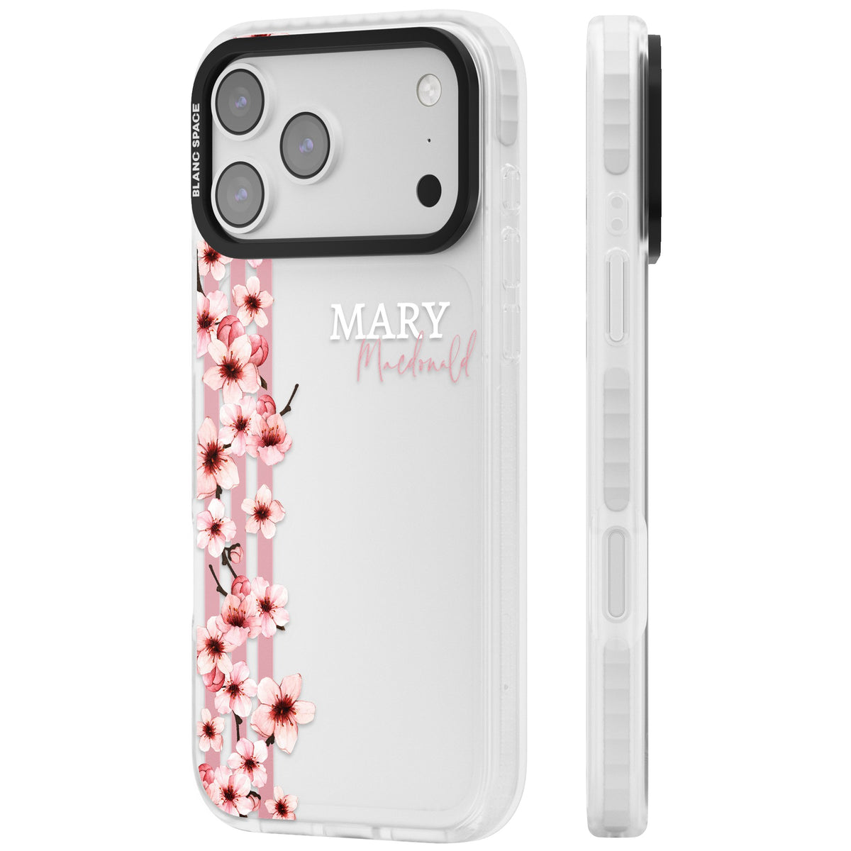 Personalised Cherry Blossom Stripe iPhone 17 Pro Max Impact Clear Phone Case side