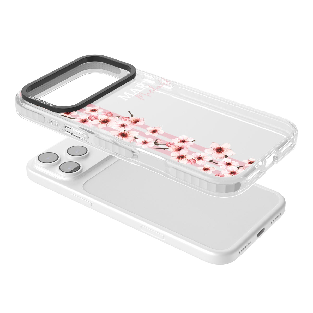 Personalised Cherry Blossom Stripe iPhone 17 Pro Max Impact Clear Phone Case angled