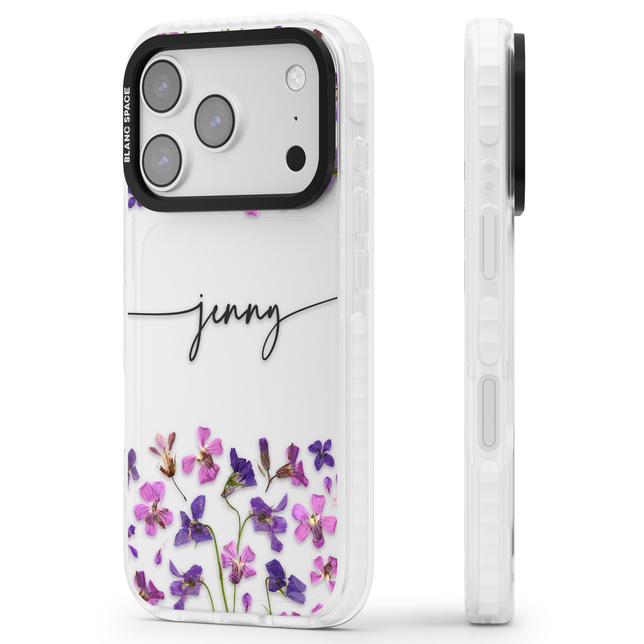 Personalised Purple Violets iPhone 17 Pro Impact Clear Phone Case Side Profile