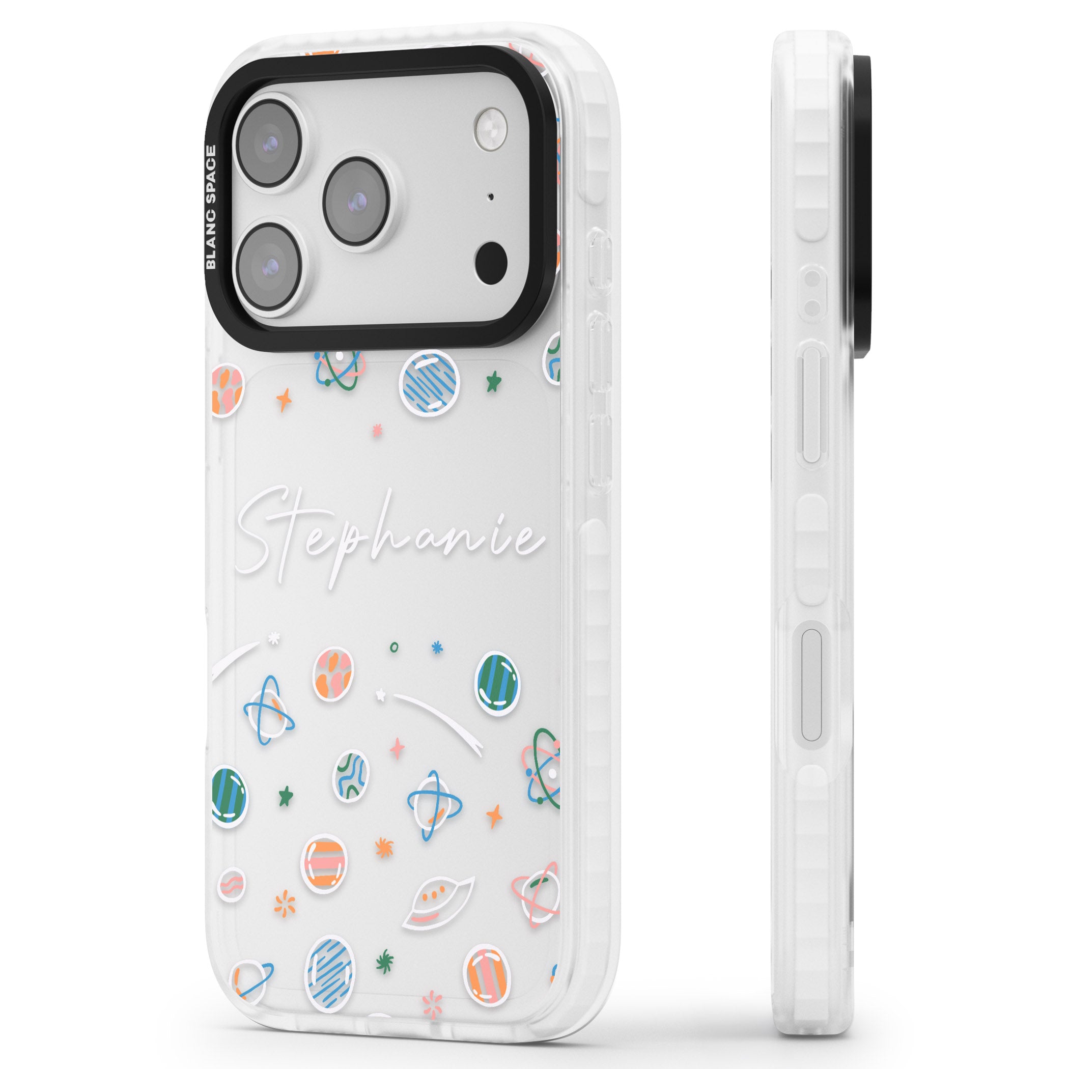Personalised Space Pattern iPhone 17 Pro Impact Clear Phone Case Side Profile