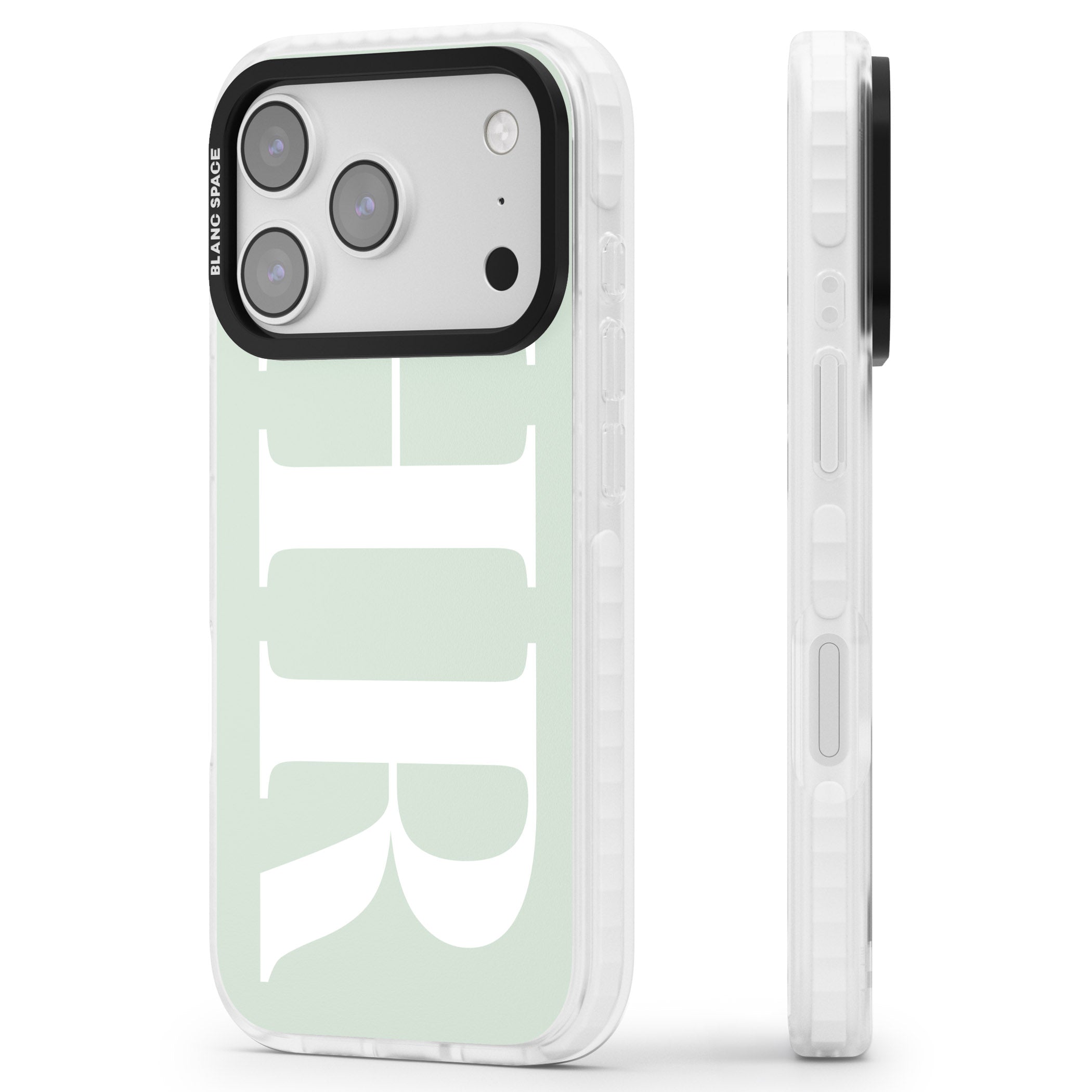 Personalised White & Seafoam Green Letters iPhone 17 Pro Impact Clear Phone Case Side Profile