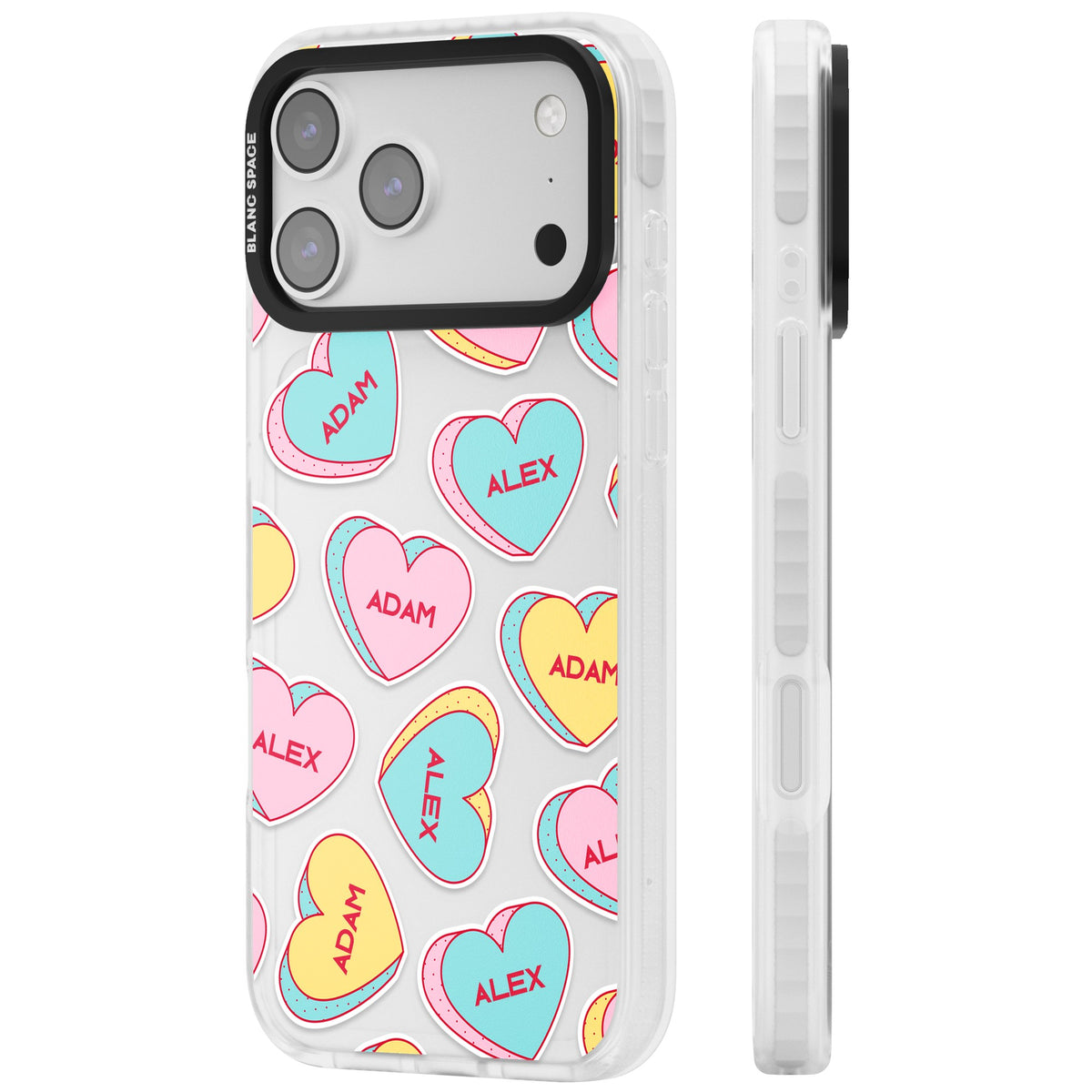 Personalised Love Heart Sweets iPhone 17 Pro Max Impact Clear Phone Case side