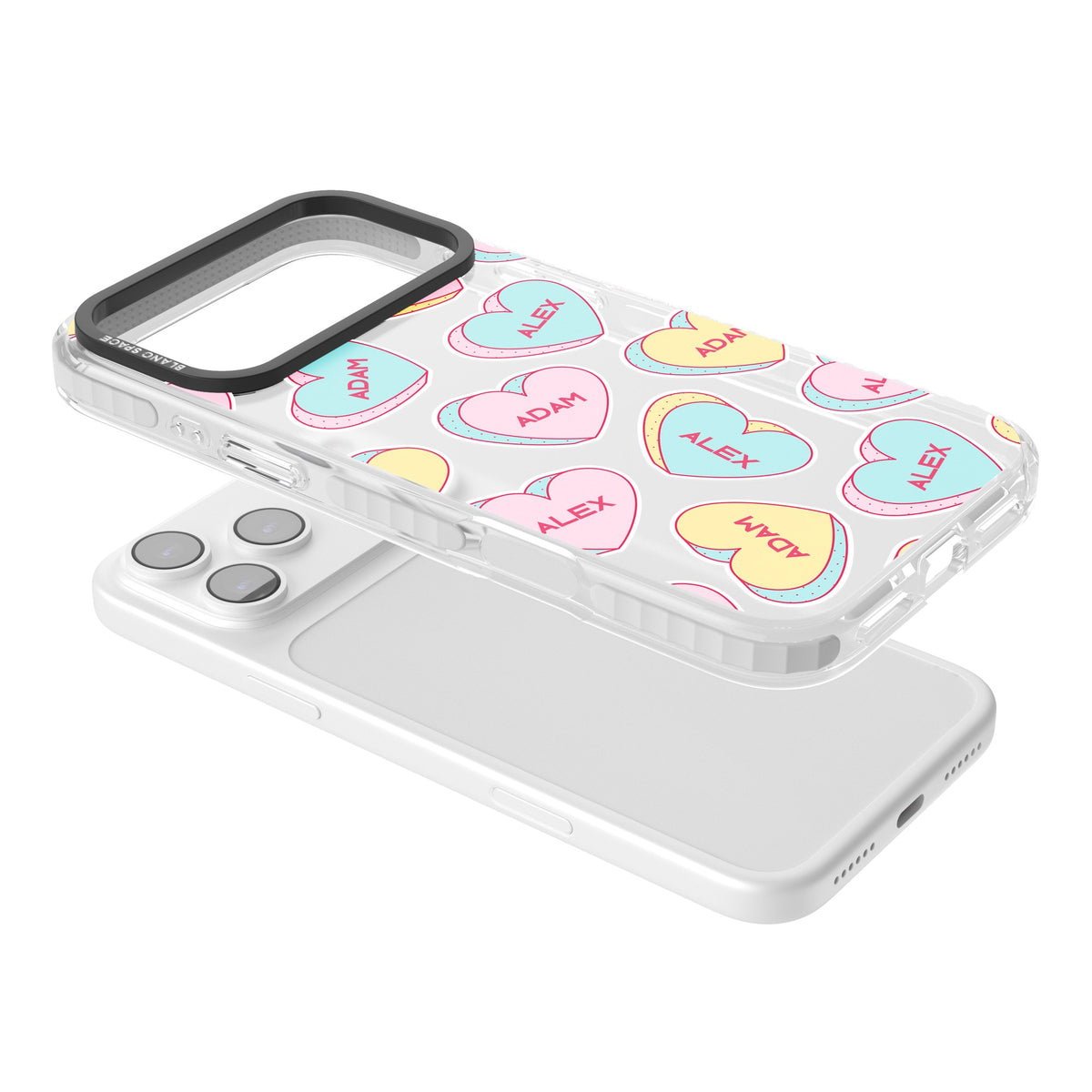 Personalised Love Heart Sweets iPhone 17 Pro Max Impact Clear Phone Case angled