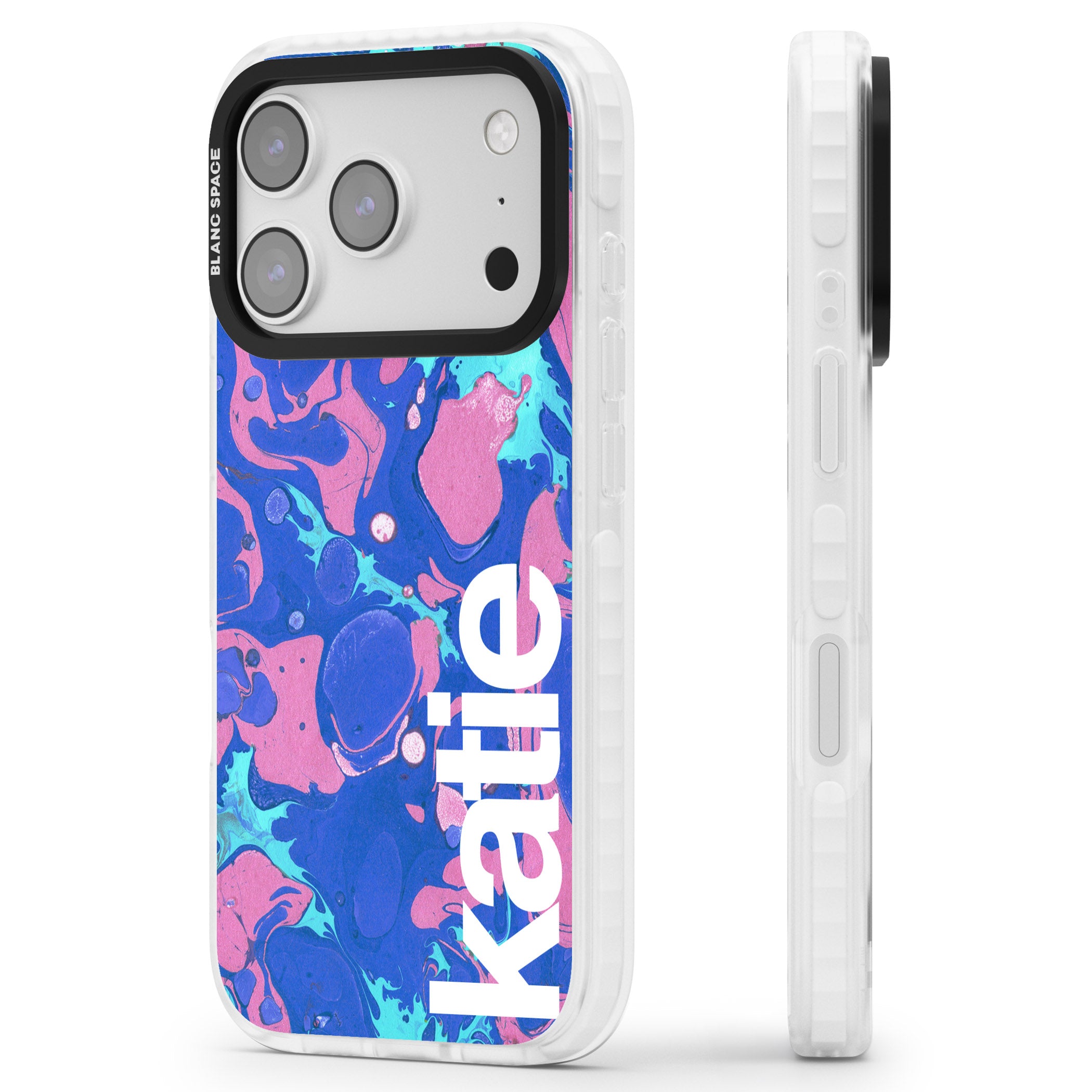 Personalised Navy & Turquoise Marbled iPhone 17 Pro Impact Clear Phone Case Side Profile